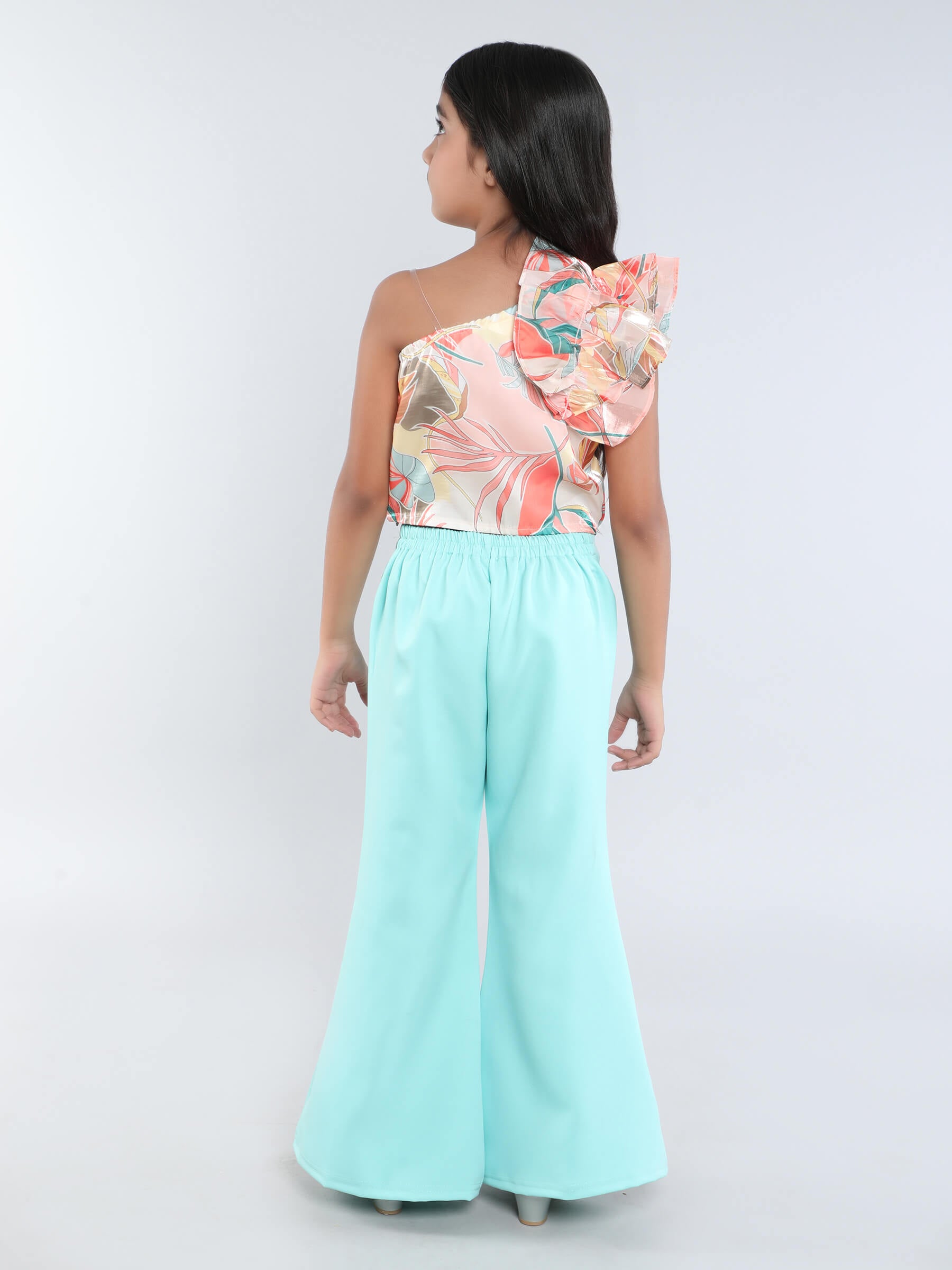 Tropical printed one shoulder ruffle detail crop top and pant set