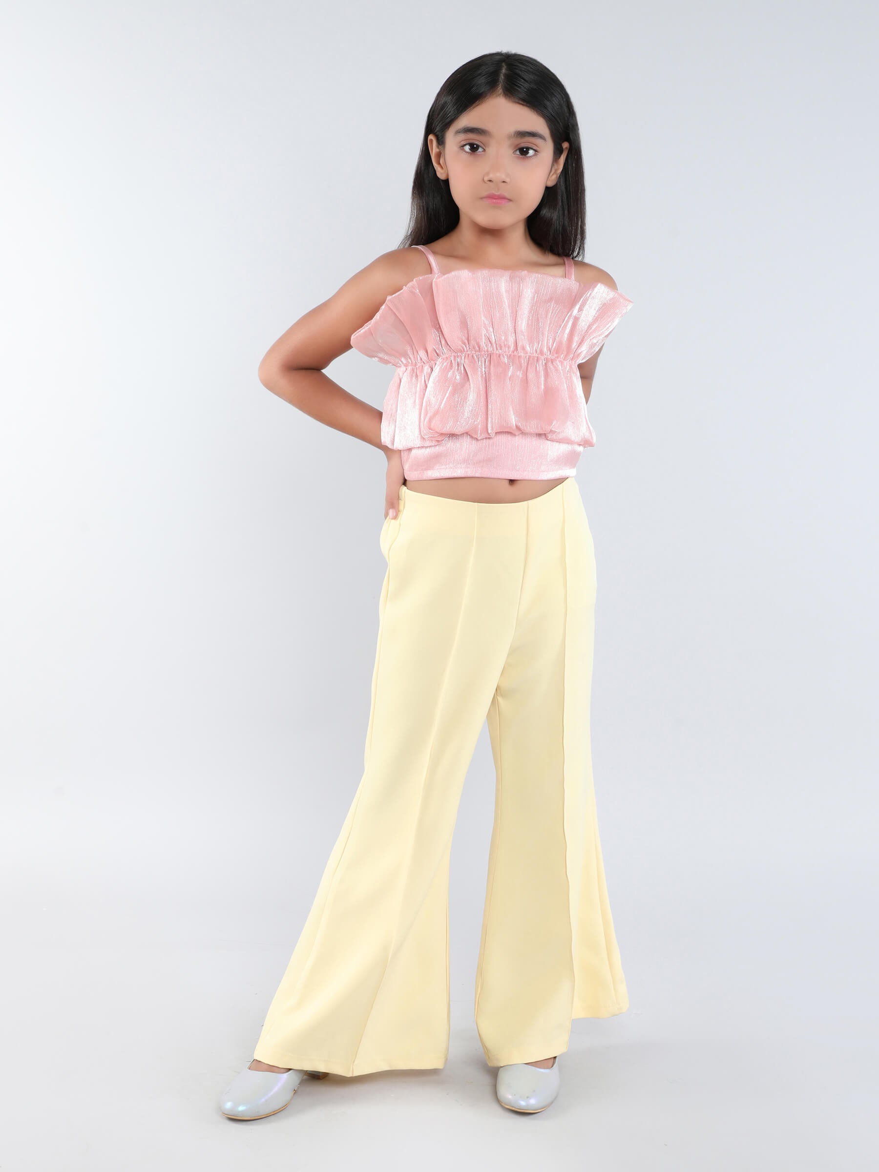 Ruffle detail party crop top and bell bottom pant set- Pink/Yellow