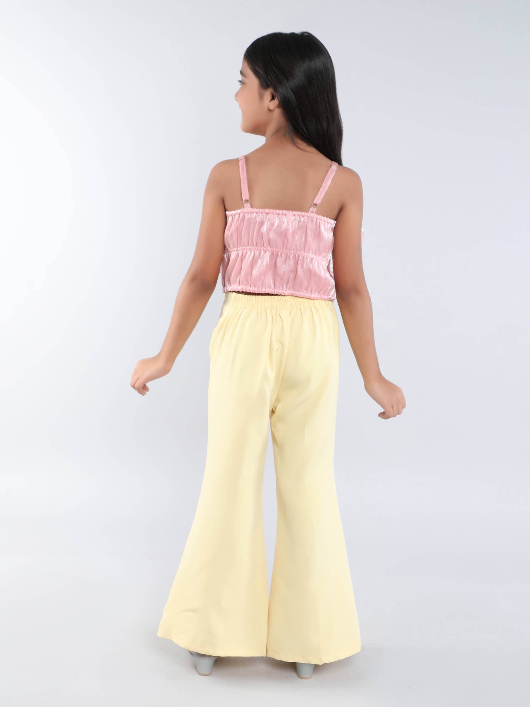 Ruffle detail party crop top and bell bottom pant set- Pink/Yellow