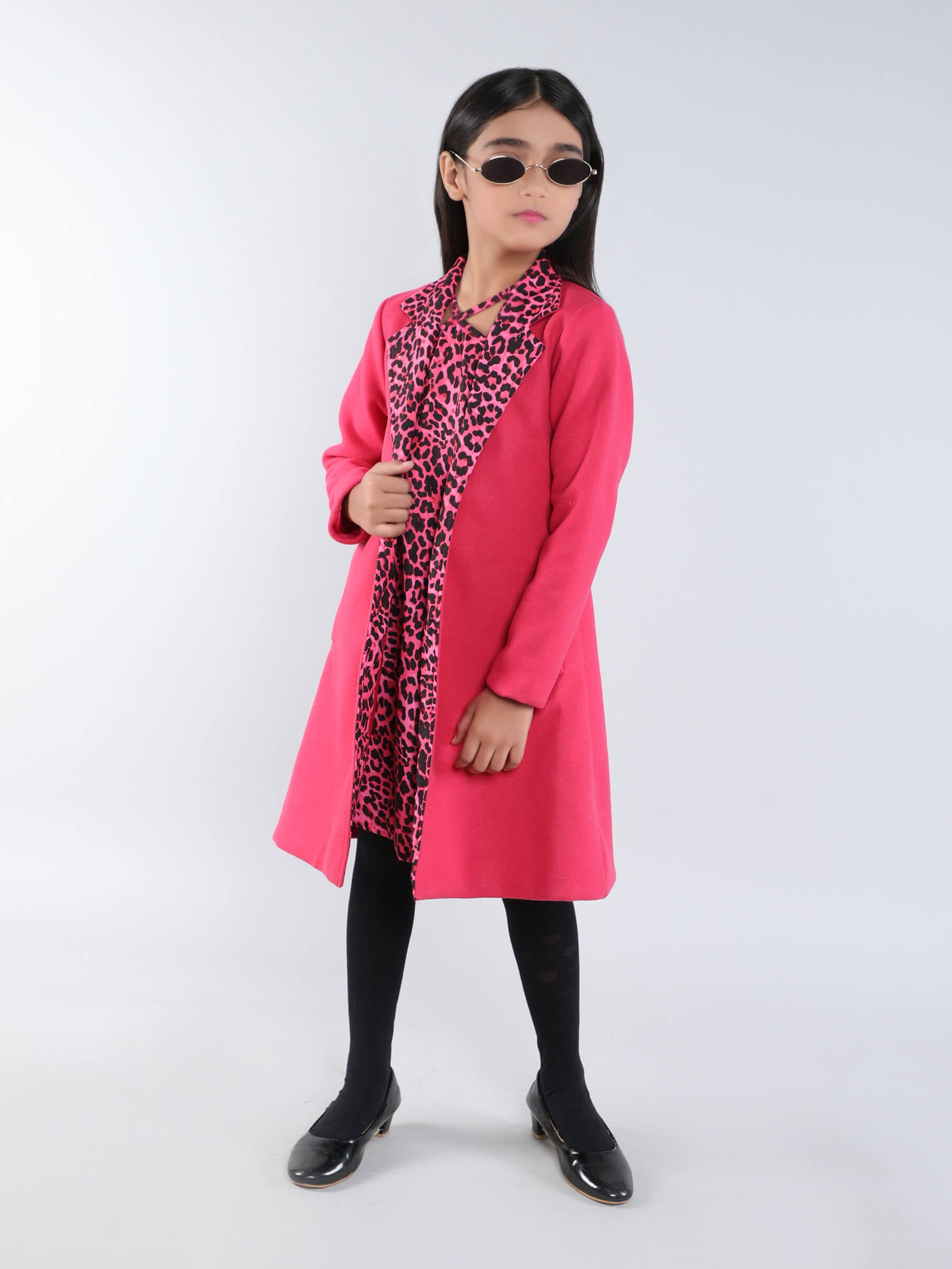 Animal printed A-line dress with full sleeves printed collared suede winter jacket-Black/Pink