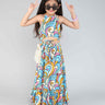 colorful printed halter neck waist tie up ethnic crop top and matching tier skirt set-Multi