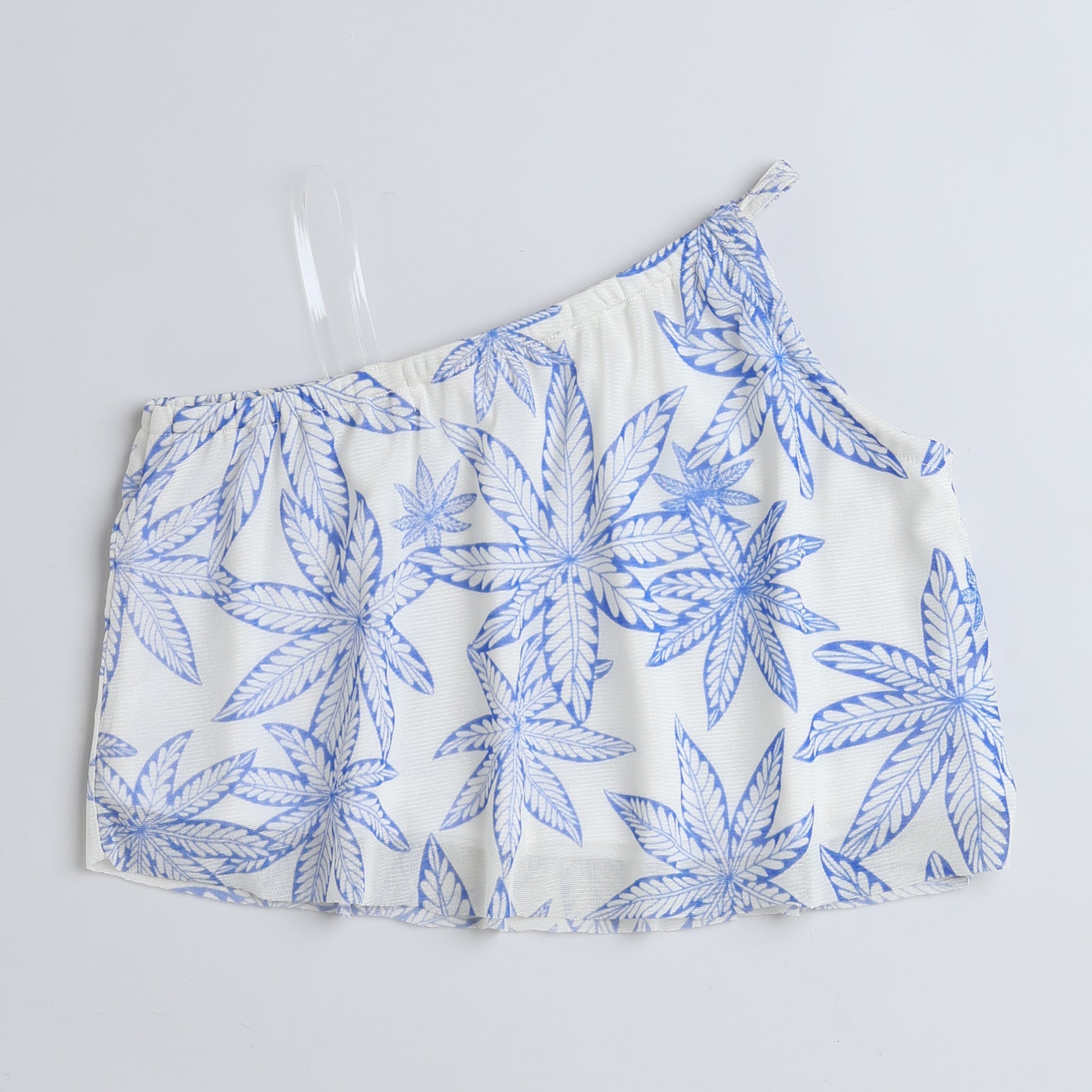 Shop Tropical Printed Asymmetric Neck Aline Crop Top-White/Blue Online
