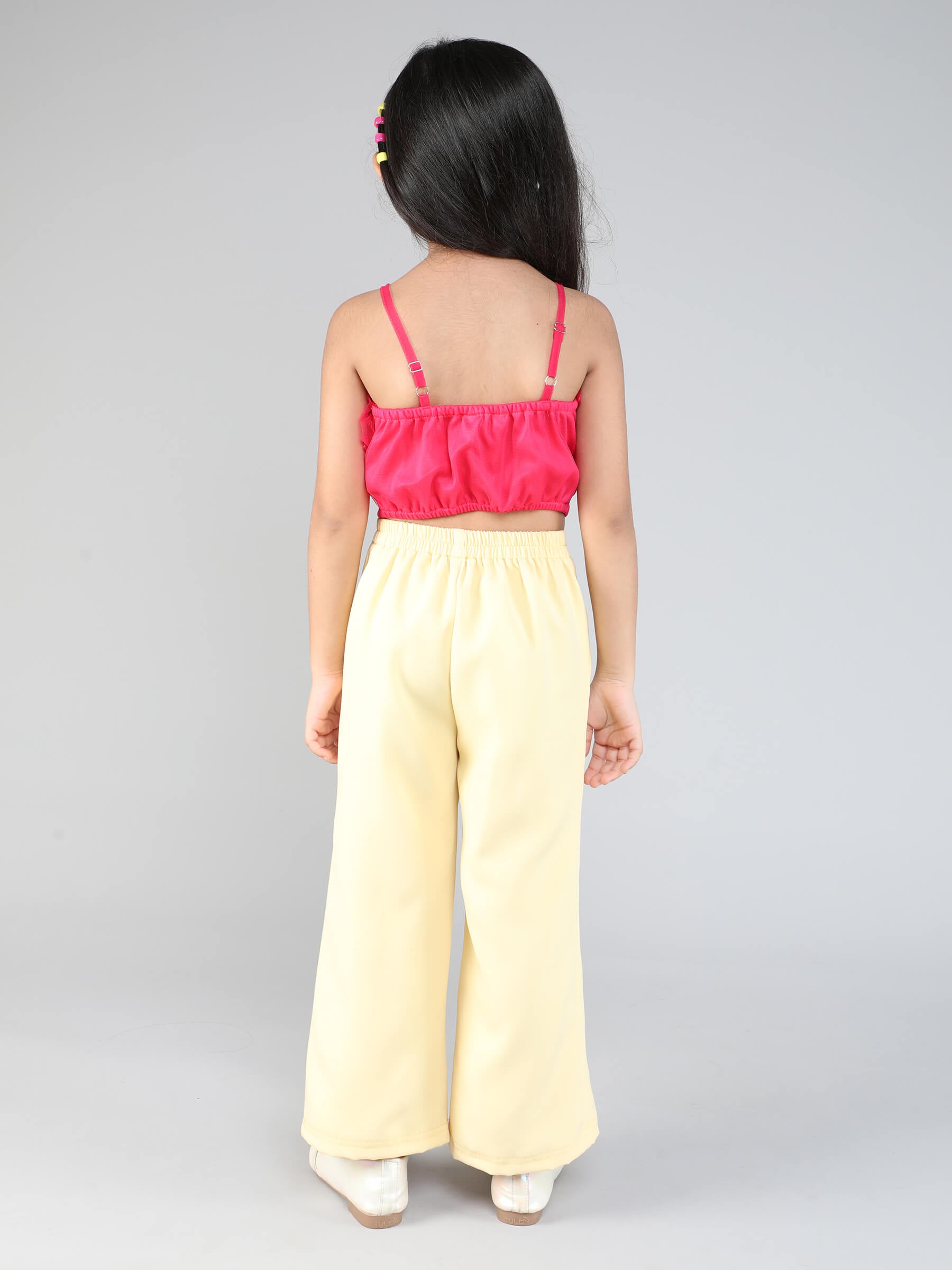 ruffle detail singlet party crop top and pant set-Pink/Yellow