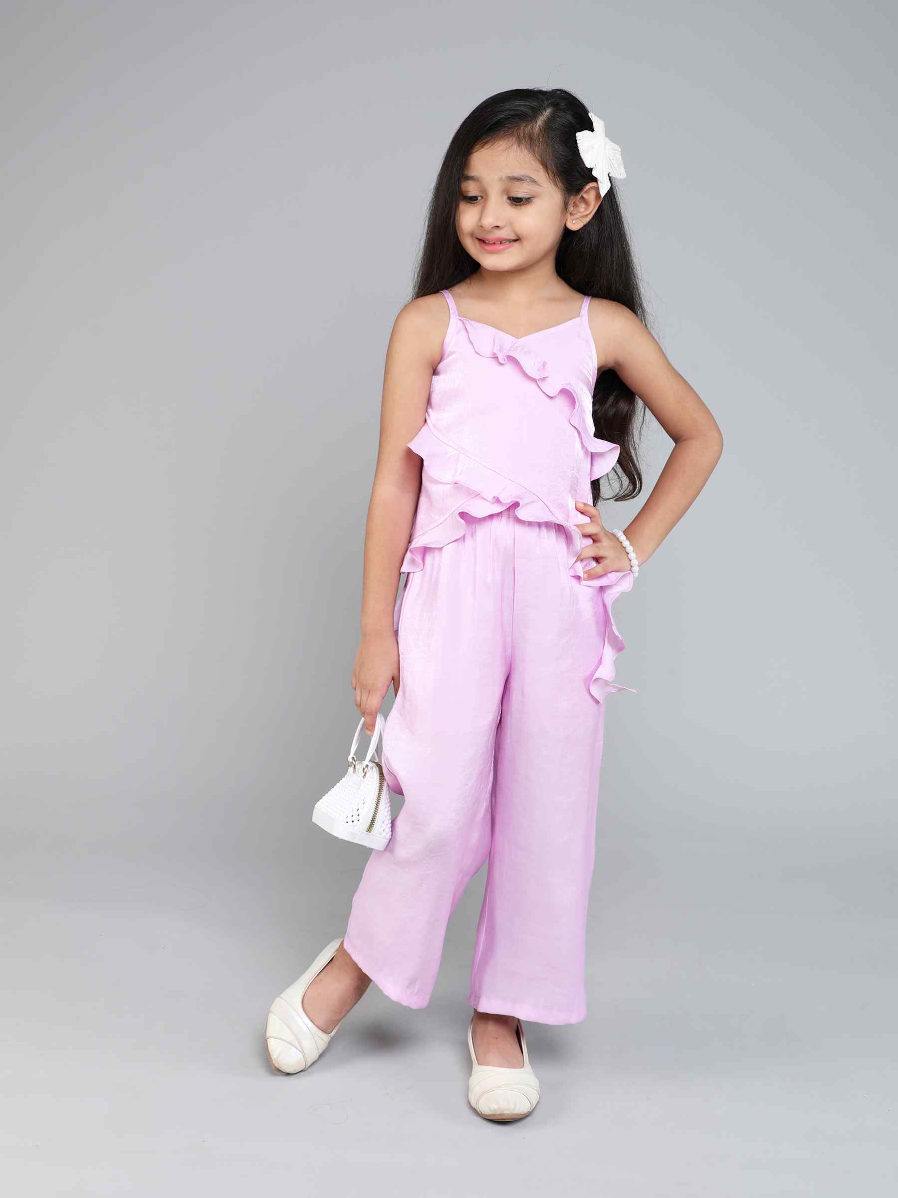 singlet ruffle detail asymmetric top and matching pant set-Lilac