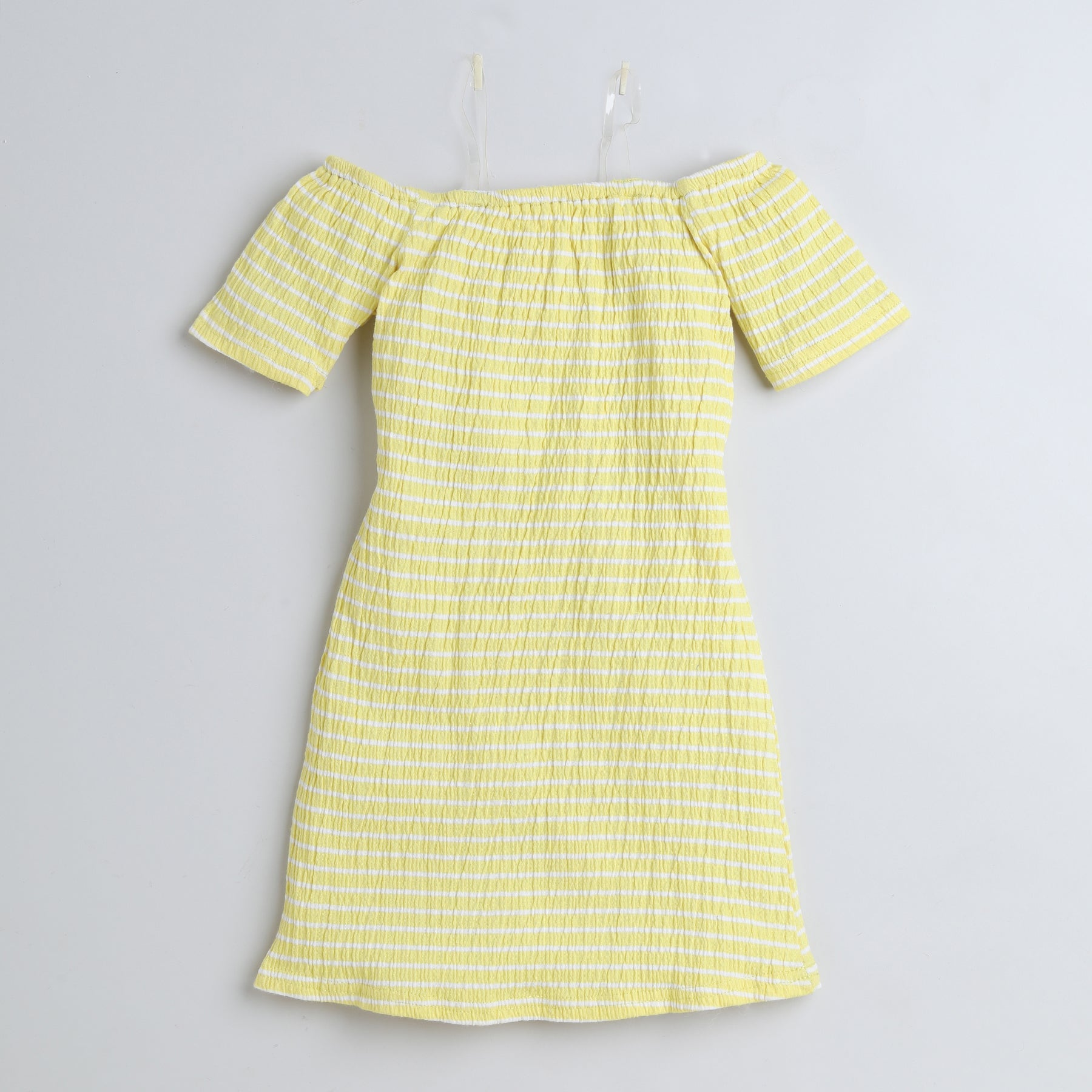Shop 100% Cotton Yarn Dyed Stripes Crushed Strip Off Shoulder Dress - Yellow/White Online