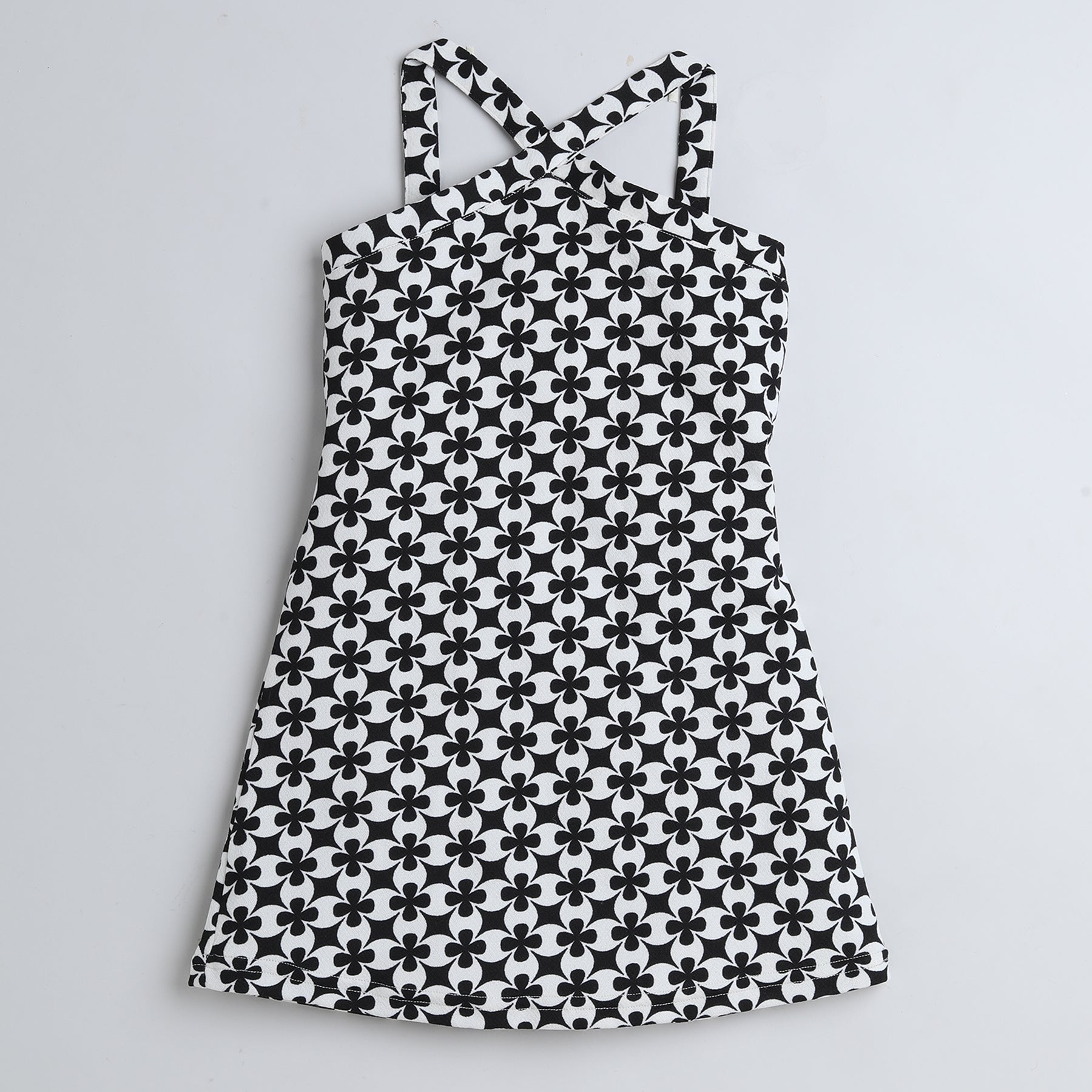 Shop Geometric Printed Sleeveless Halter Neck Aline Dress-Black/White Online