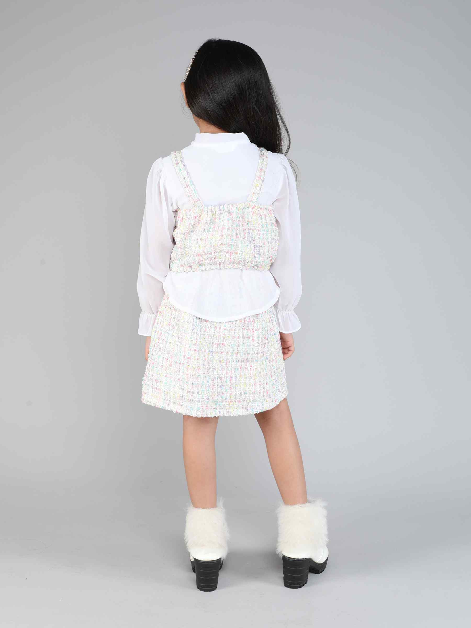 tweed singlet crop top with matching skirt and full sleeves neck tie up top set-White/Multi