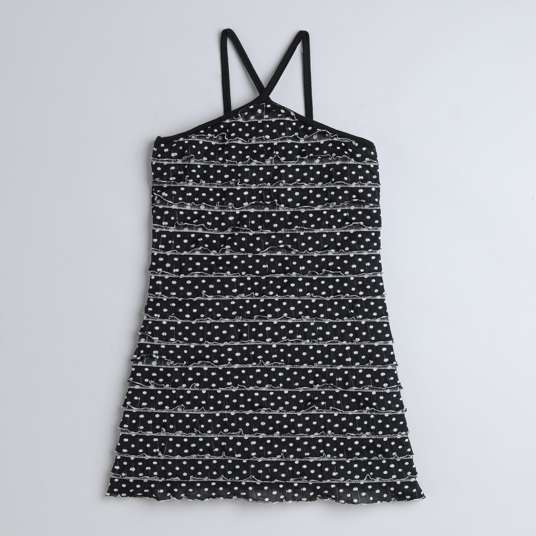Shop Polka Dots Printed Halter Neck Ruffled A-Line Party Dress-Black/White Online