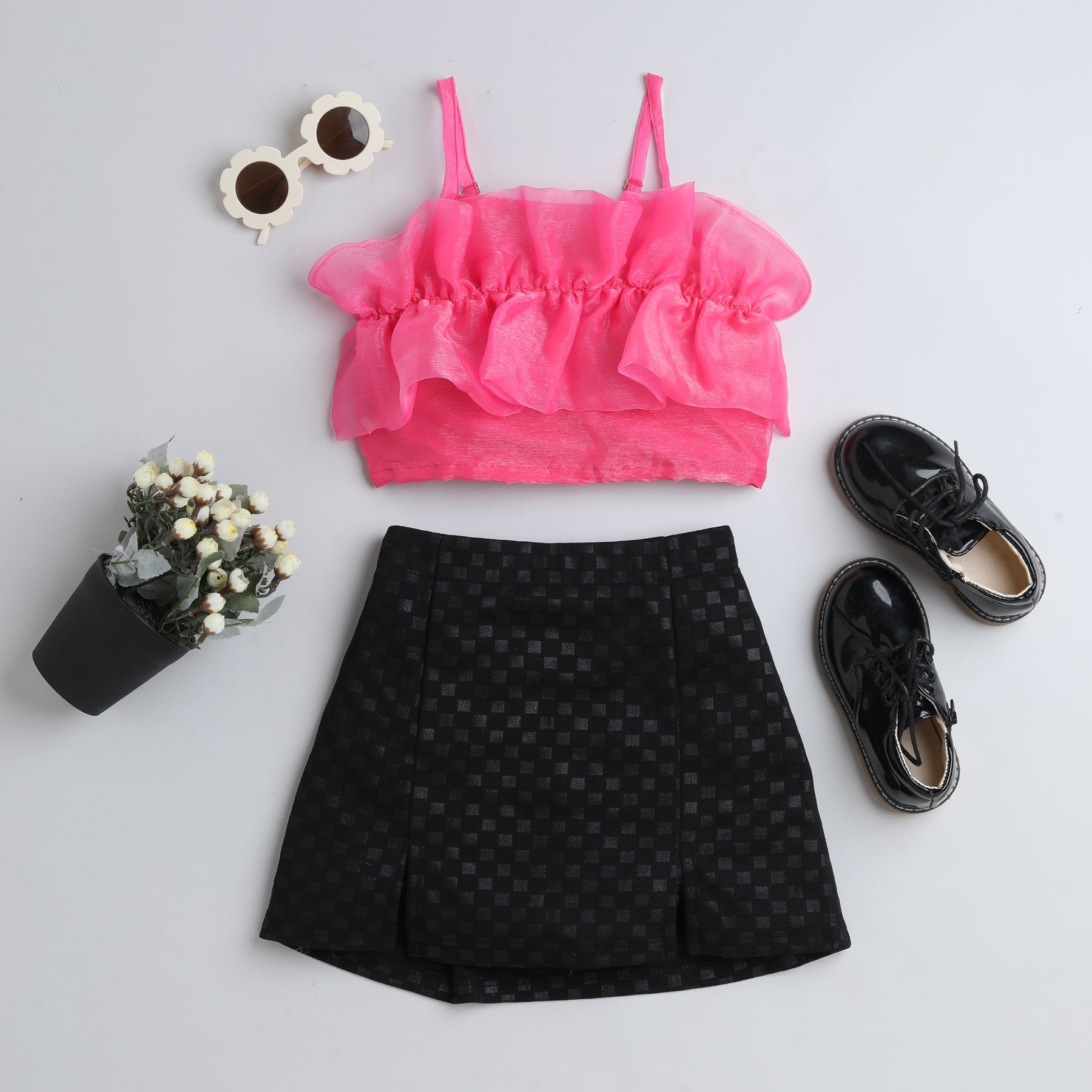 Shop Ruffle Detail Party Wear Crop Top And Leather Checks Slit Skirt Set-Neon Pink/Black Online