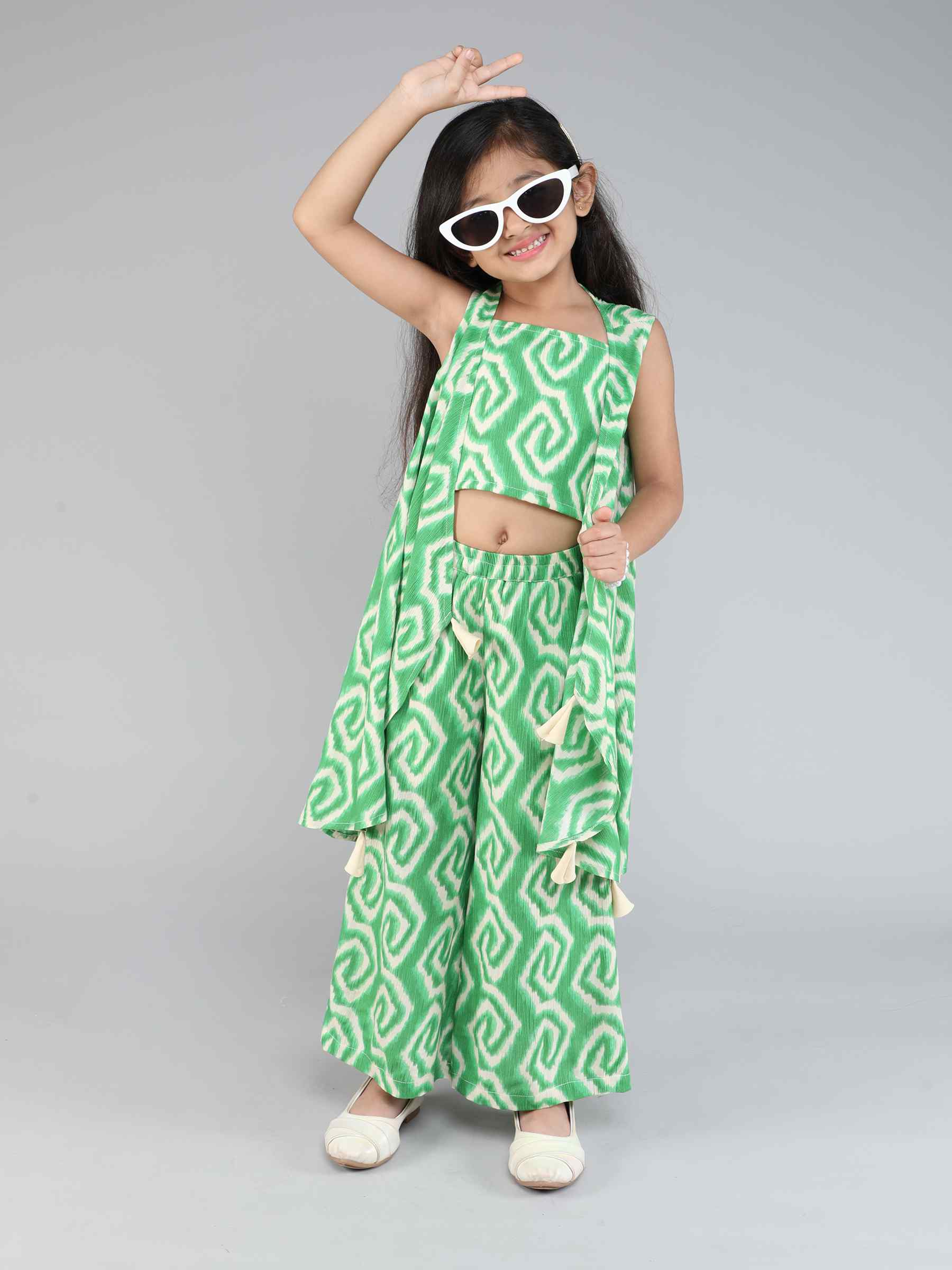 geometric printed sleeveless ethnic jacket with matching crop top and palazzo set-Green/Beige