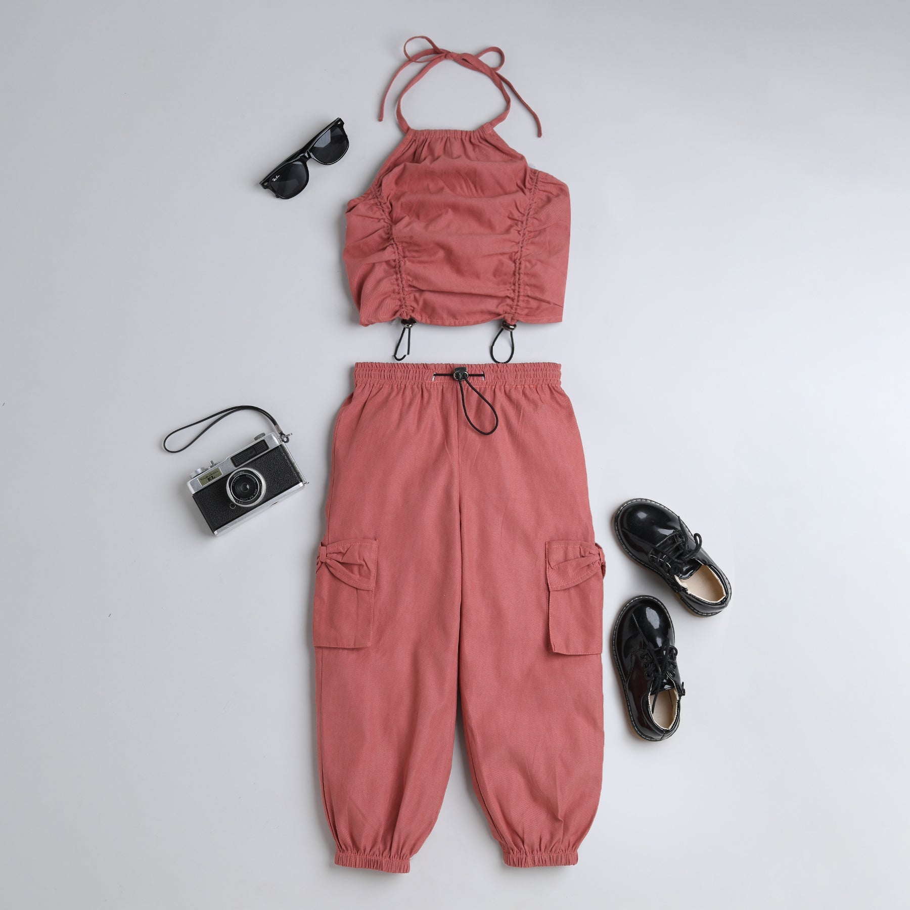 Shop Halter Neck Parachute Top With Matching Bow Pocket Detail Parachute Pant Set-Rust Online