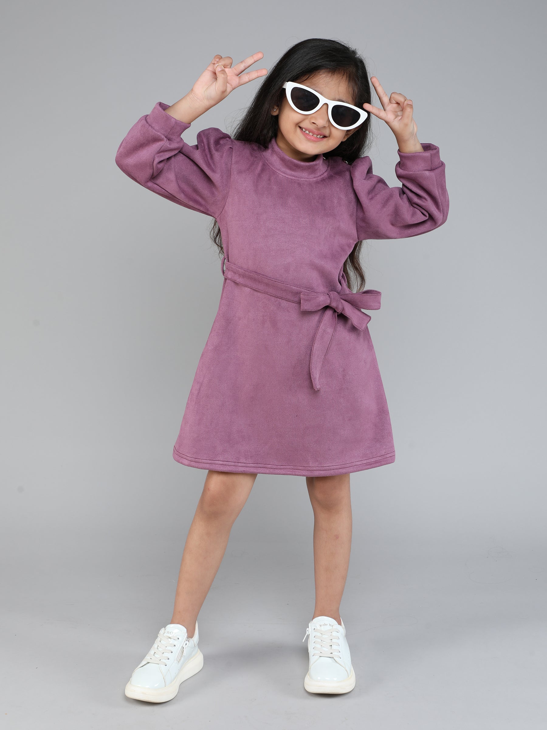 suede high neck full sleeves A-line dress with belt-Purple