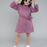 suede high neck full sleeves A-line dress with belt-Purple