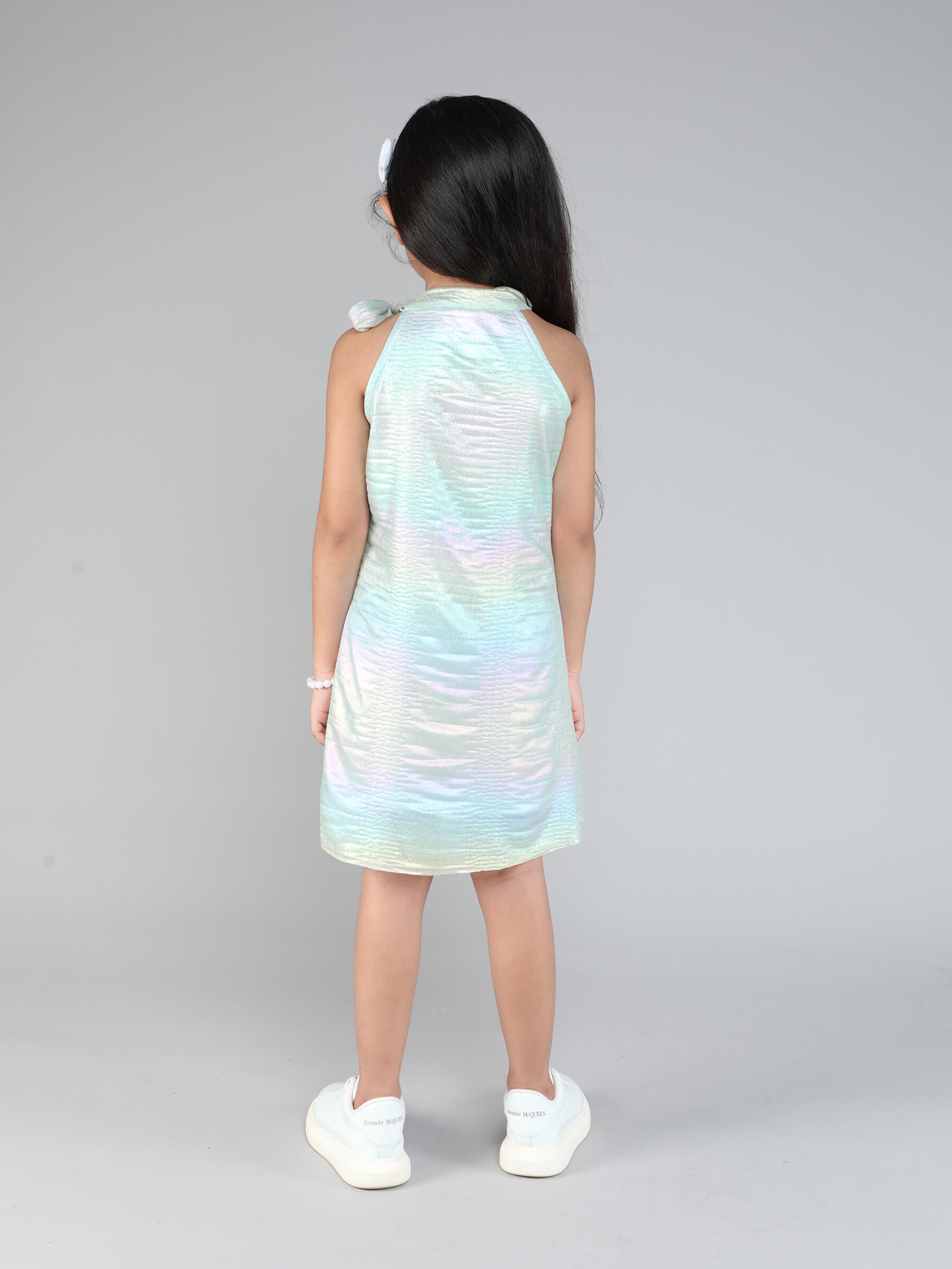 holographic crush texture sleeveless halter scarf neck party dress-Green