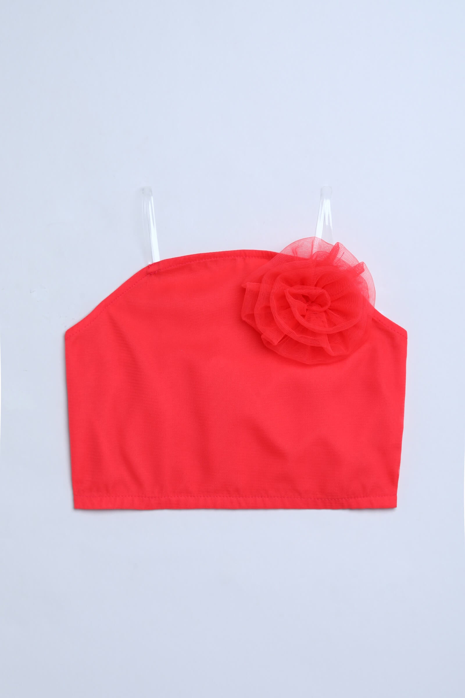 Net knit sleeveless rose applique Party crop top-Coral