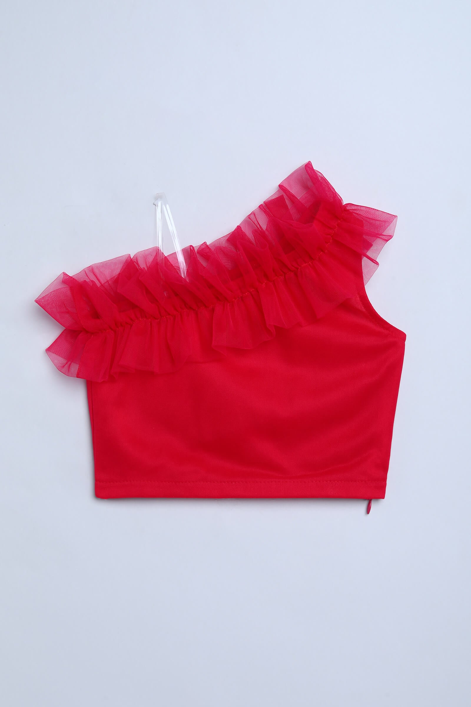 Net knit sleeveless one shoulder Frill detail crop Top-Pink
