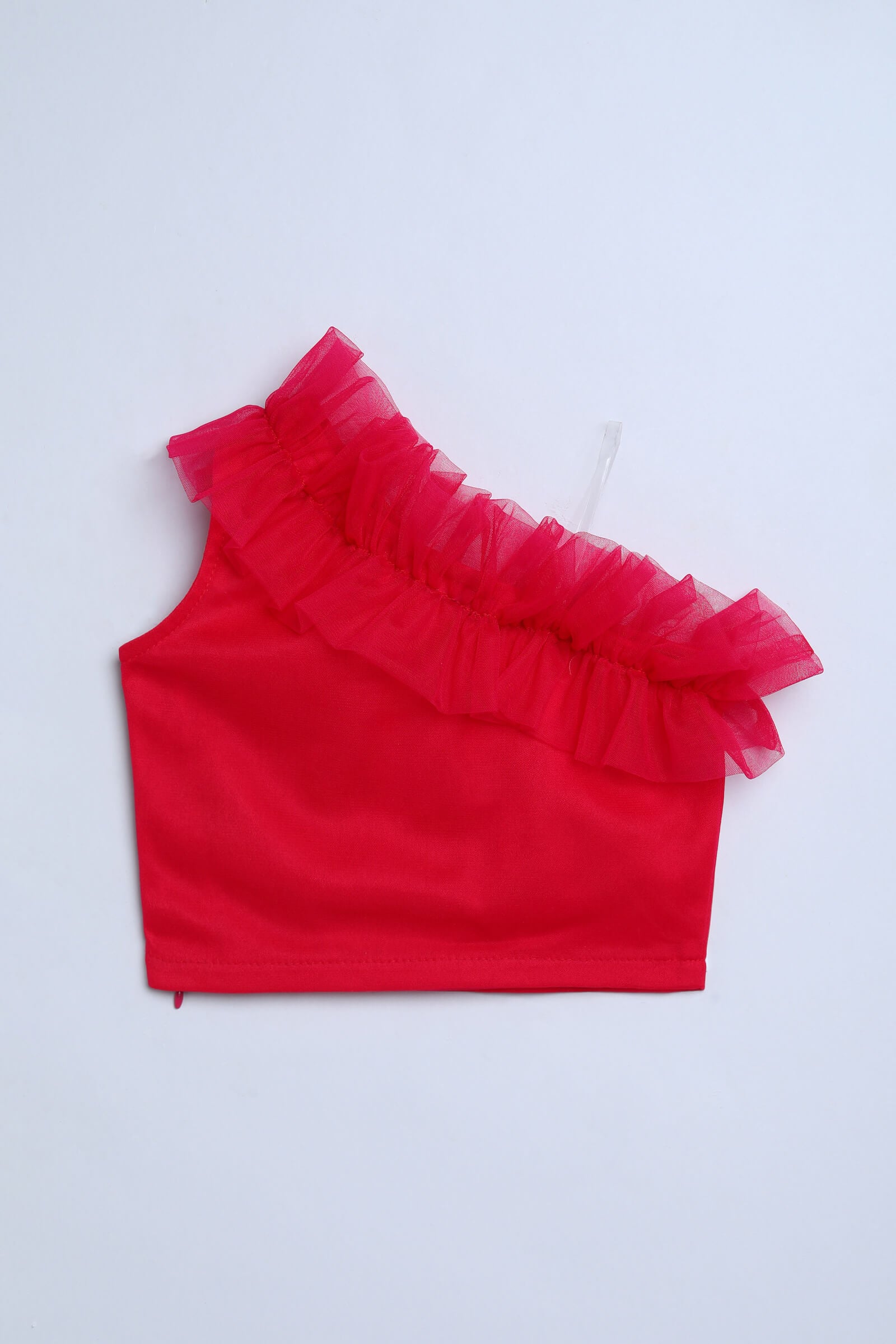 Net knit sleeveless one shoulder Frill detail crop Top-Pink