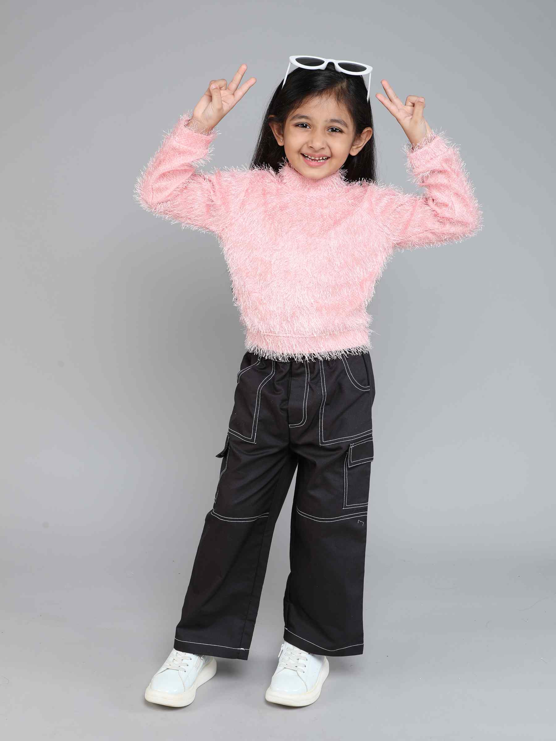 Fur full sleeves party sweatshirt-Peach