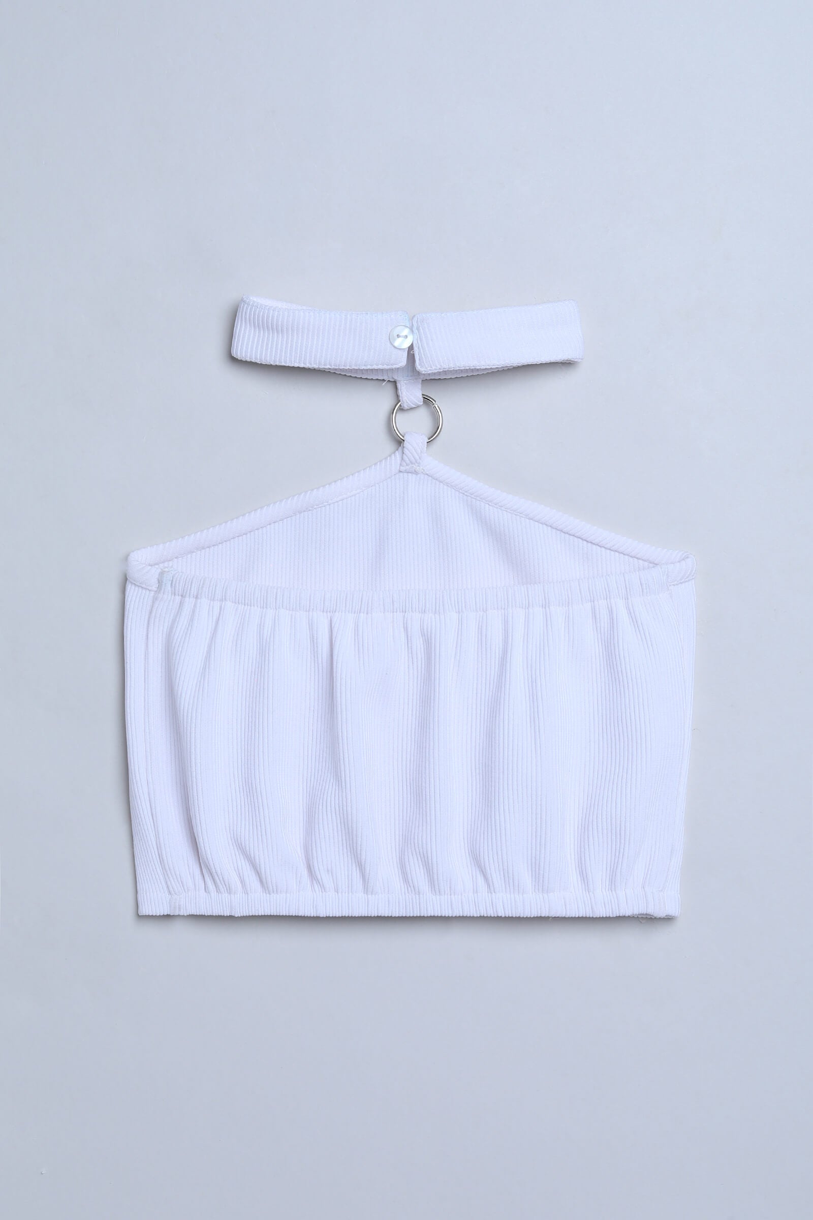 knit sleeveless Ring detail halter neck crop top-White