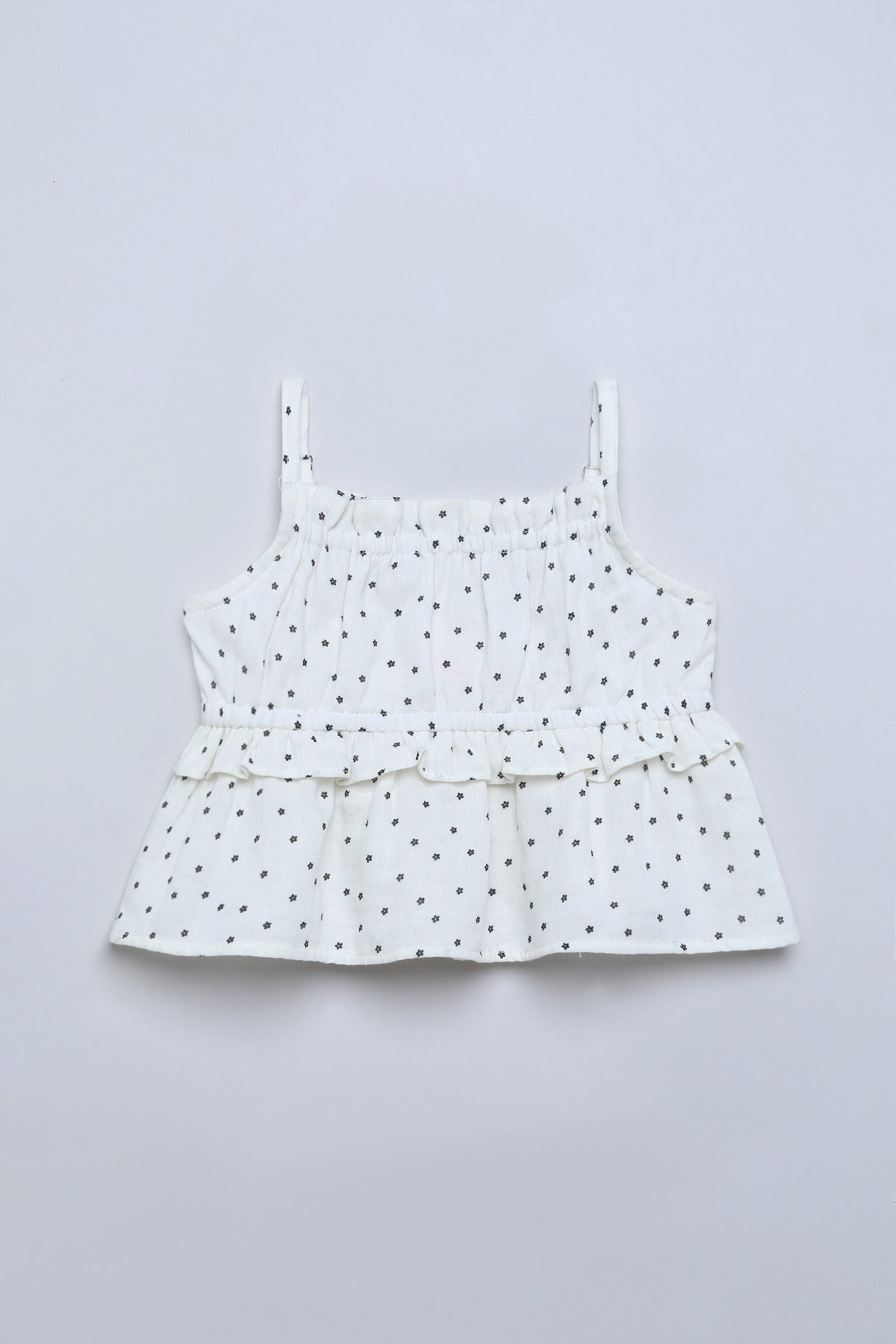 100% cotton sleeveless daisy printed ruffle detailed peplum crop top-White & Black