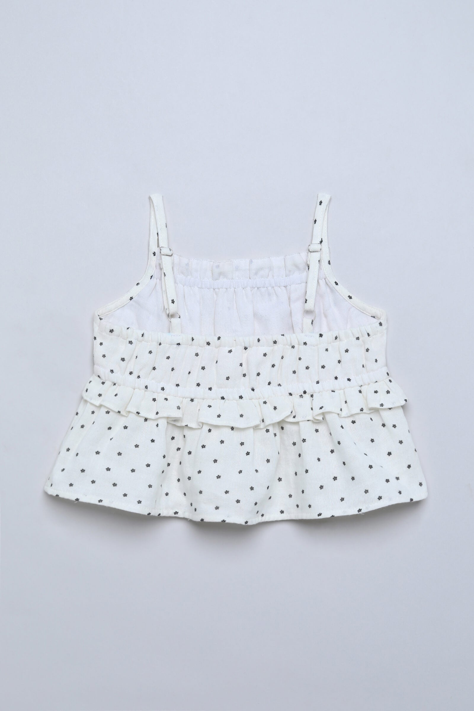 100% cotton sleeveless daisy printed ruffle detailed peplum crop top-White & Black