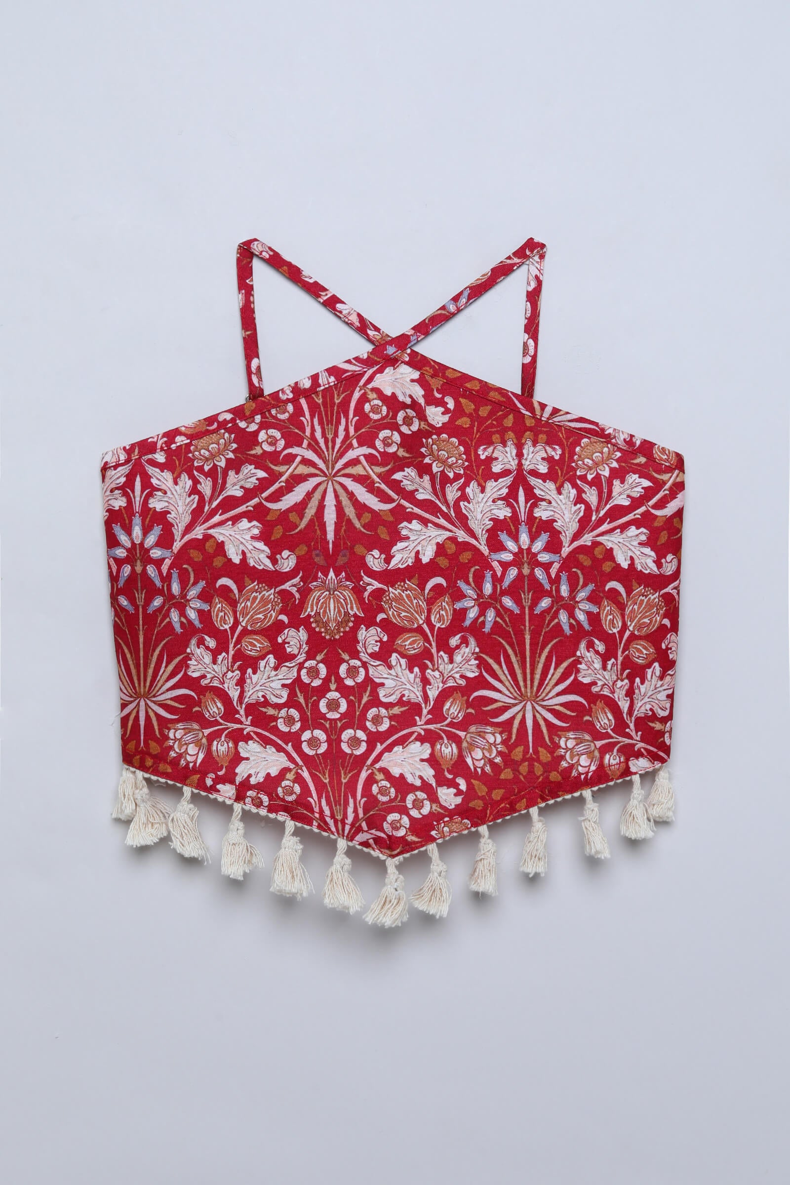 Woven sleeveless Printed tassel hem Back tie up crop top-Maroon