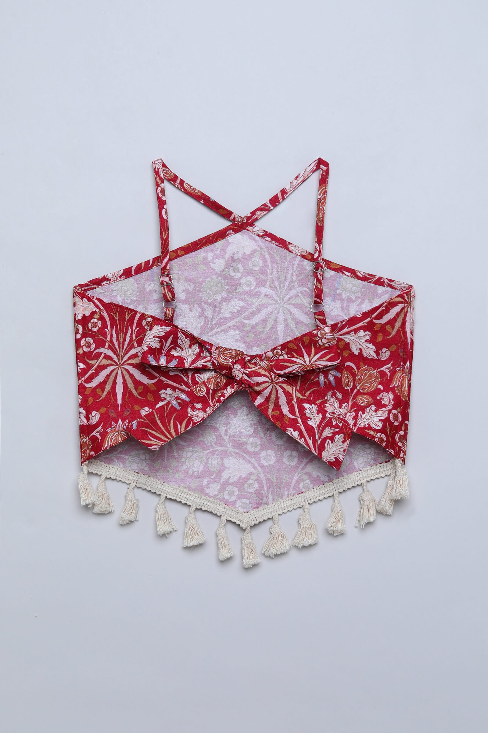 Woven sleeveless Printed tassel hem Back tie up crop top-Maroon