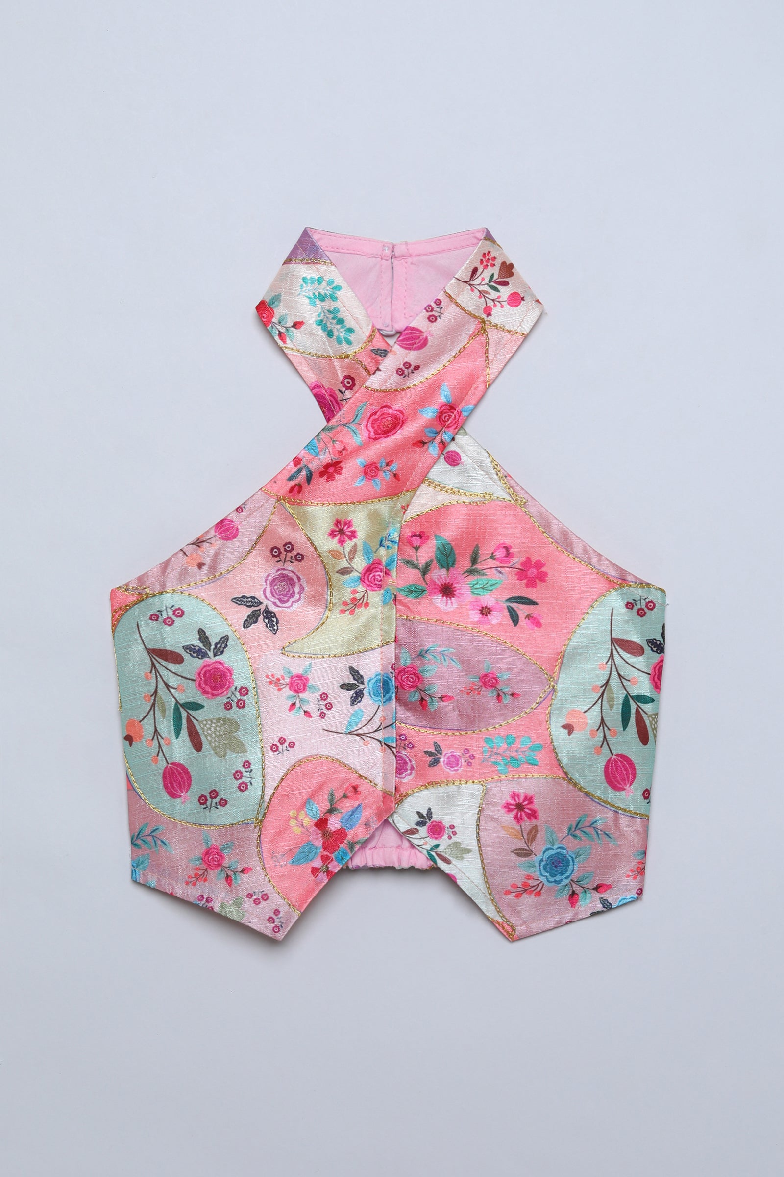 Woven sleeveless Patch work printed halter neck crop Top -Multi