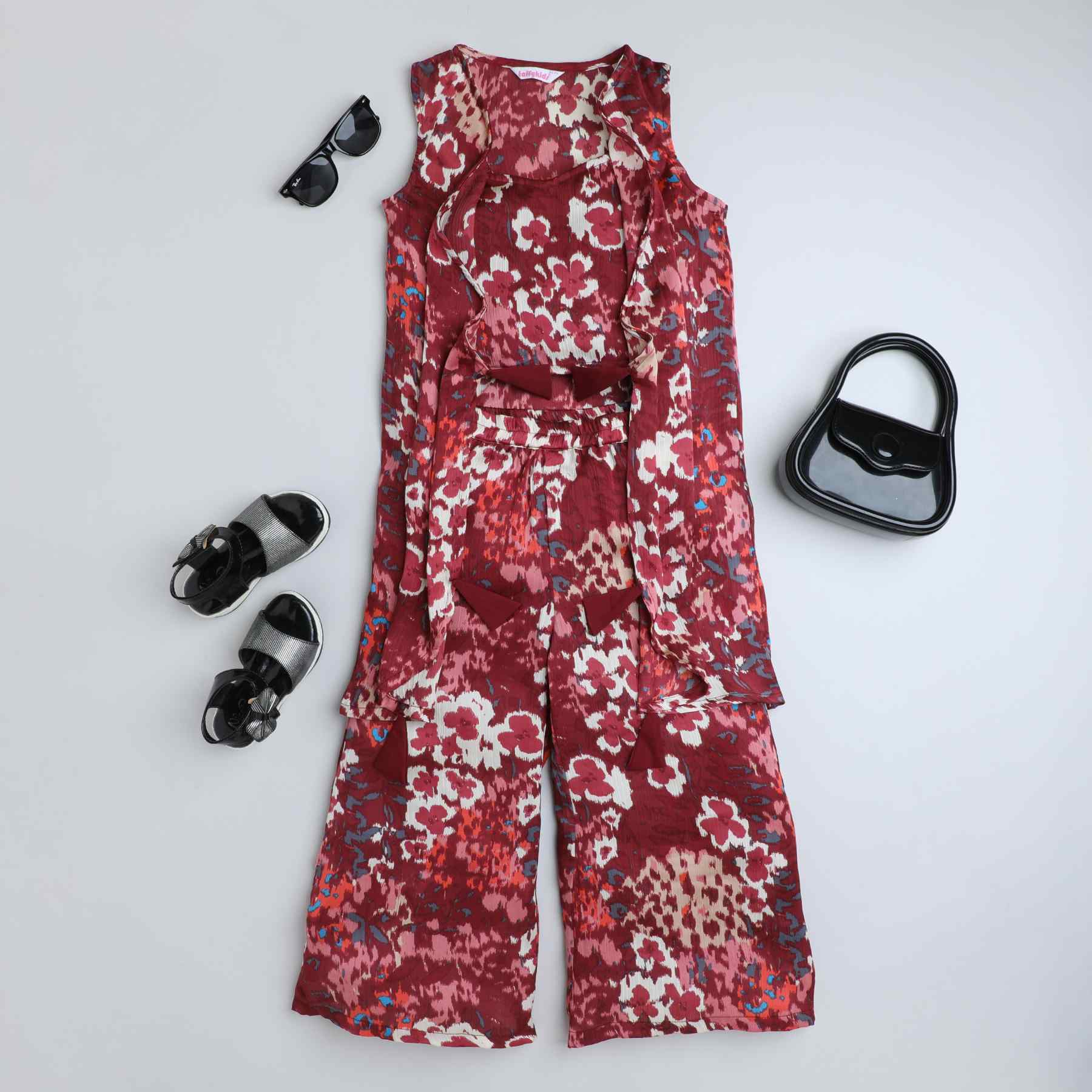 floral printed sleeveless ethnic jacket with matching crop top and palazzo set-Maroon