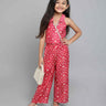 printed collar halter neck back tie up ethnic crop top and matching pant set-Red