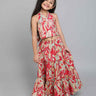 Taffykids leaf printed halter neck back tie up ethnic top and matching tier skirt set-Red/Multi