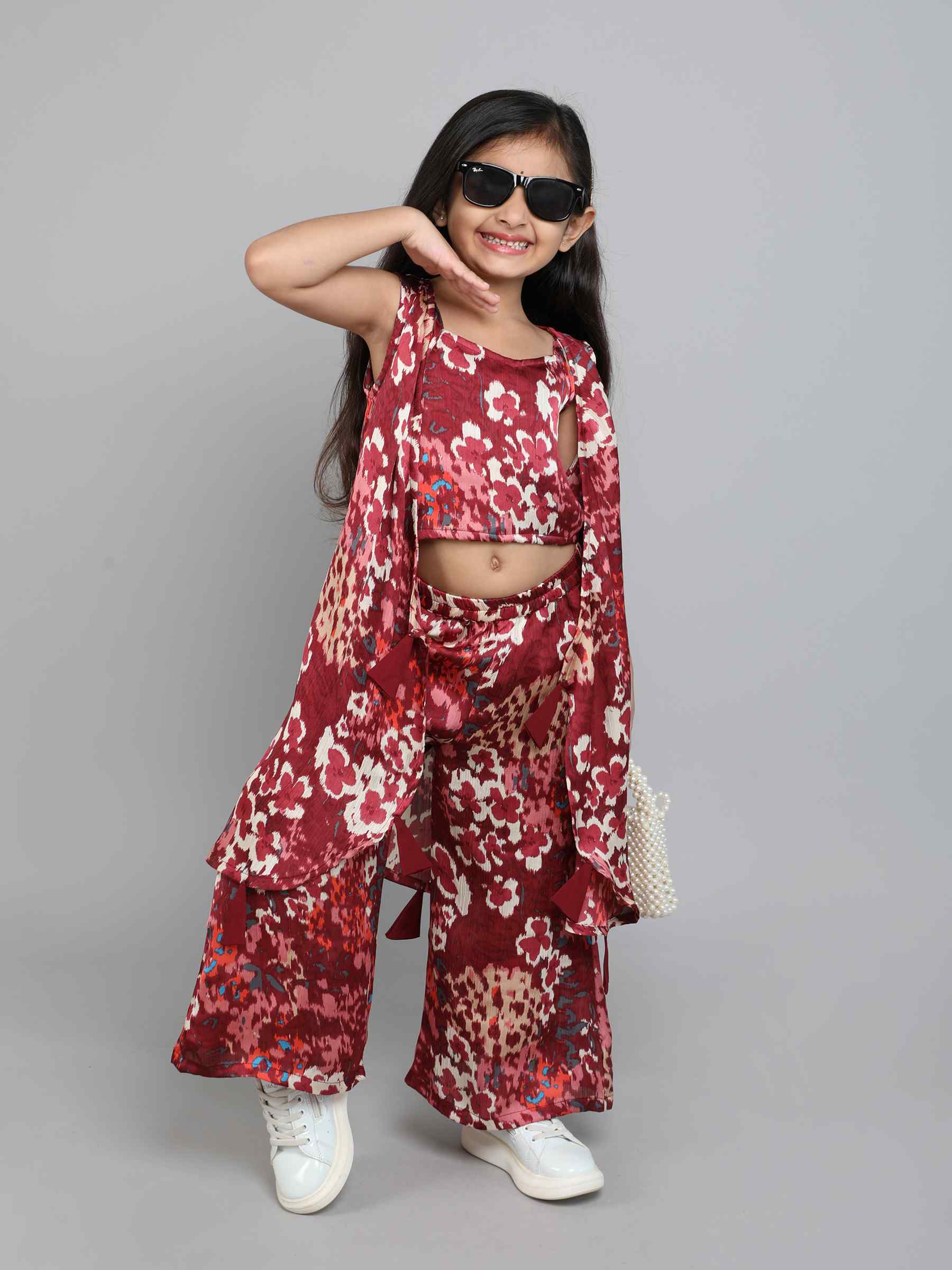 floral printed sleeveless ethnic jacket with matching crop top and palazzo set-Maroon