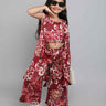 floral printed sleeveless ethnic jacket with matching crop top and palazzo set-Maroon