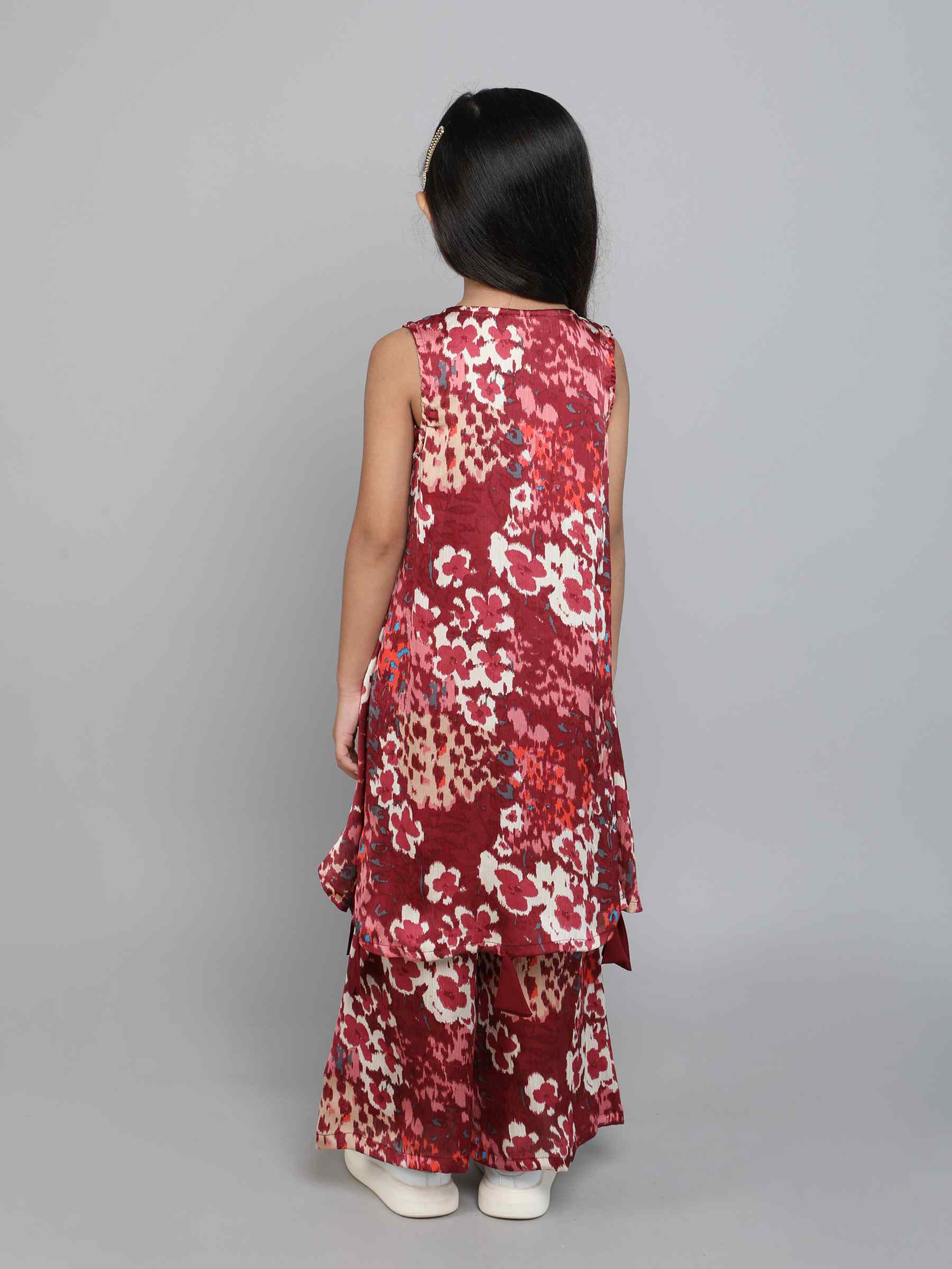 floral printed sleeveless ethnic jacket with matching crop top and palazzo set-Maroon