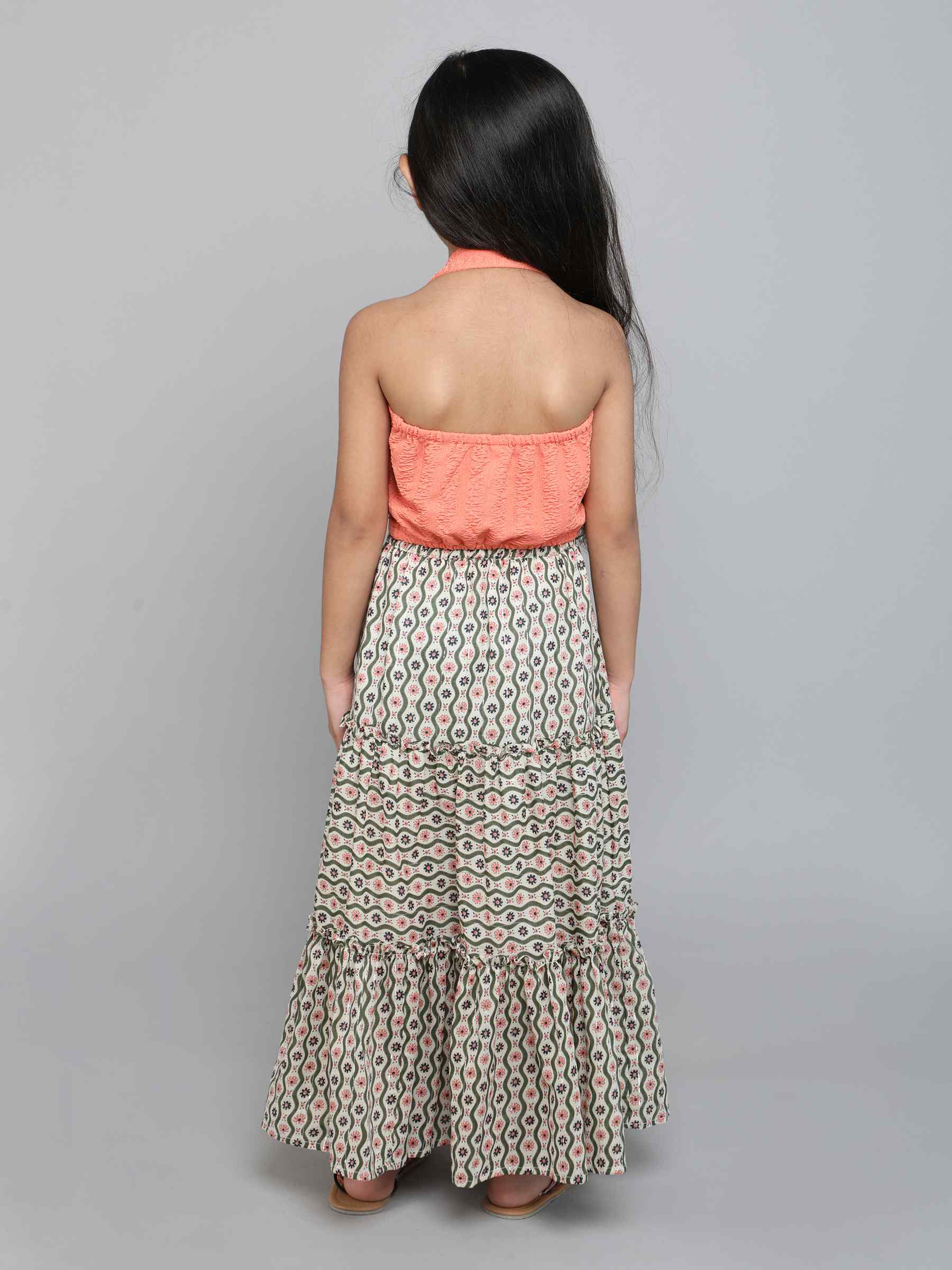 Asymmetrical crop top with floral tired long skirt set - Peach/ Green