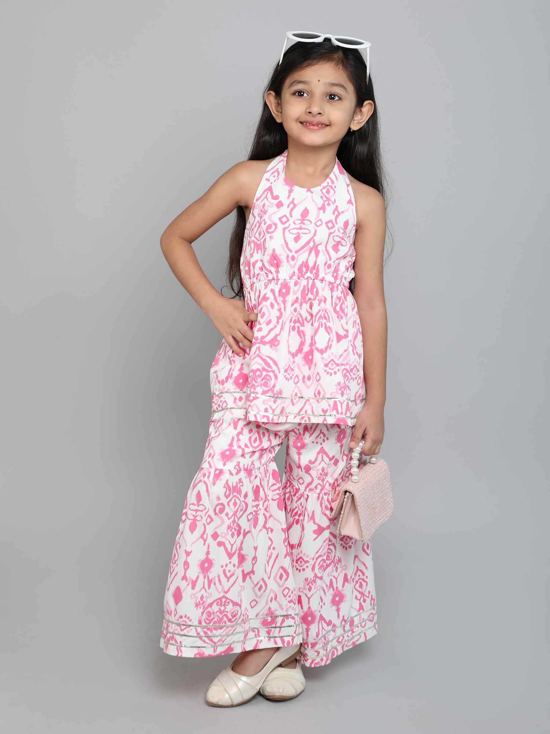 ikat printed halter neck ethnic peplum kurta and sharara set-White/Pink