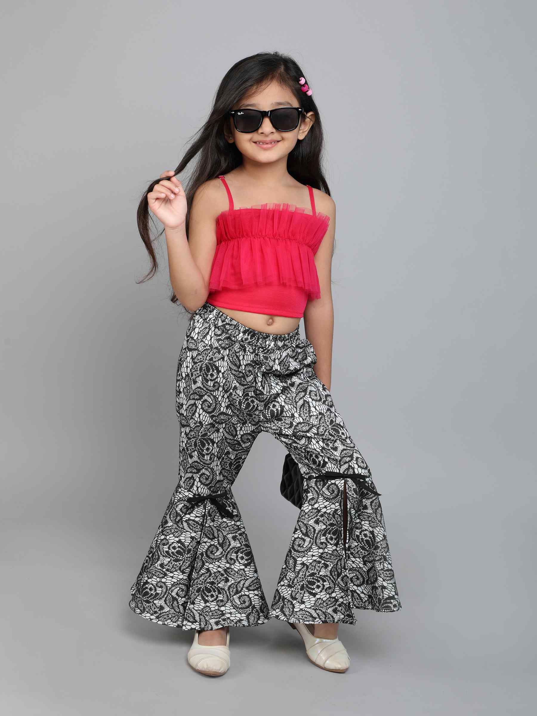 Ruffle detail party wear crop top and floral woven slit pant set-Multi