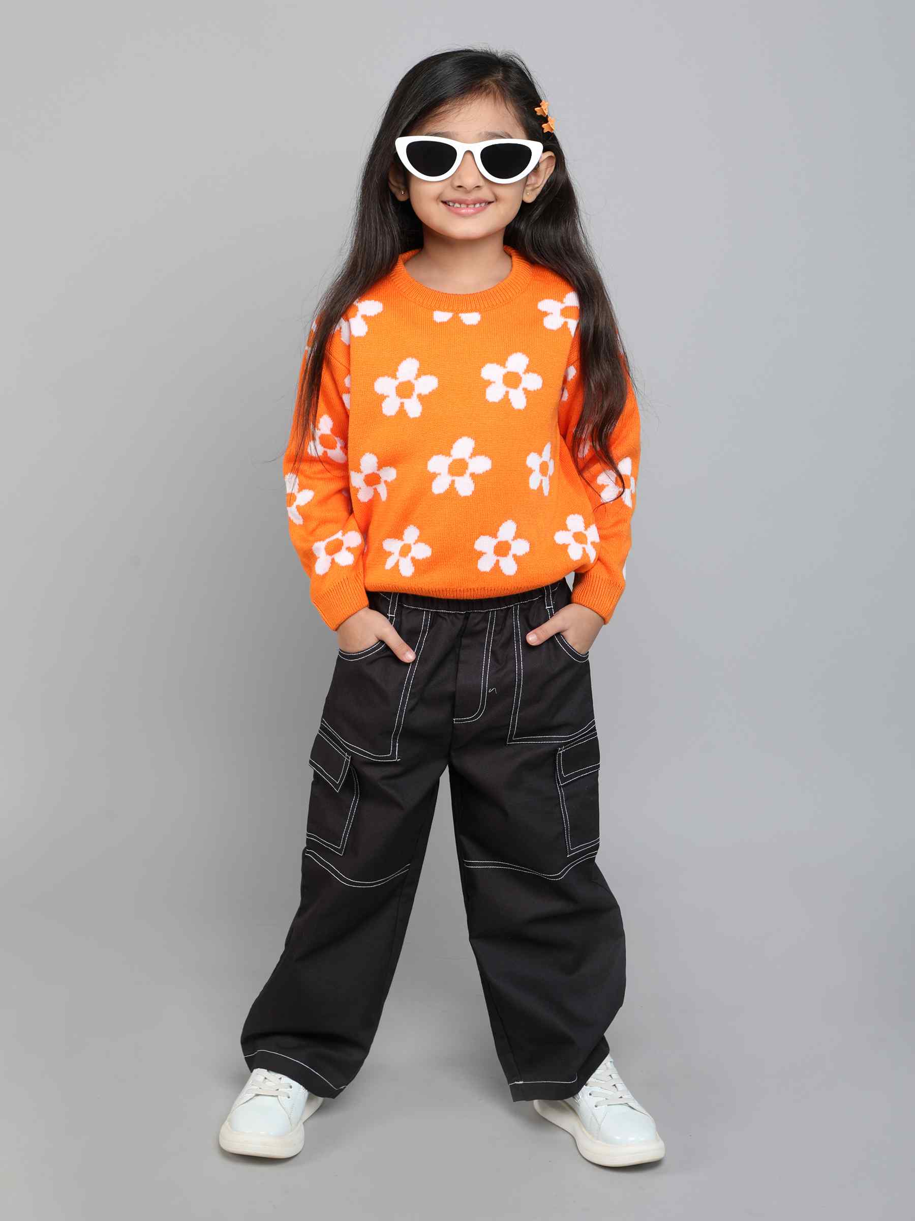 floral-knit full sleeves pullover sweater-Orange