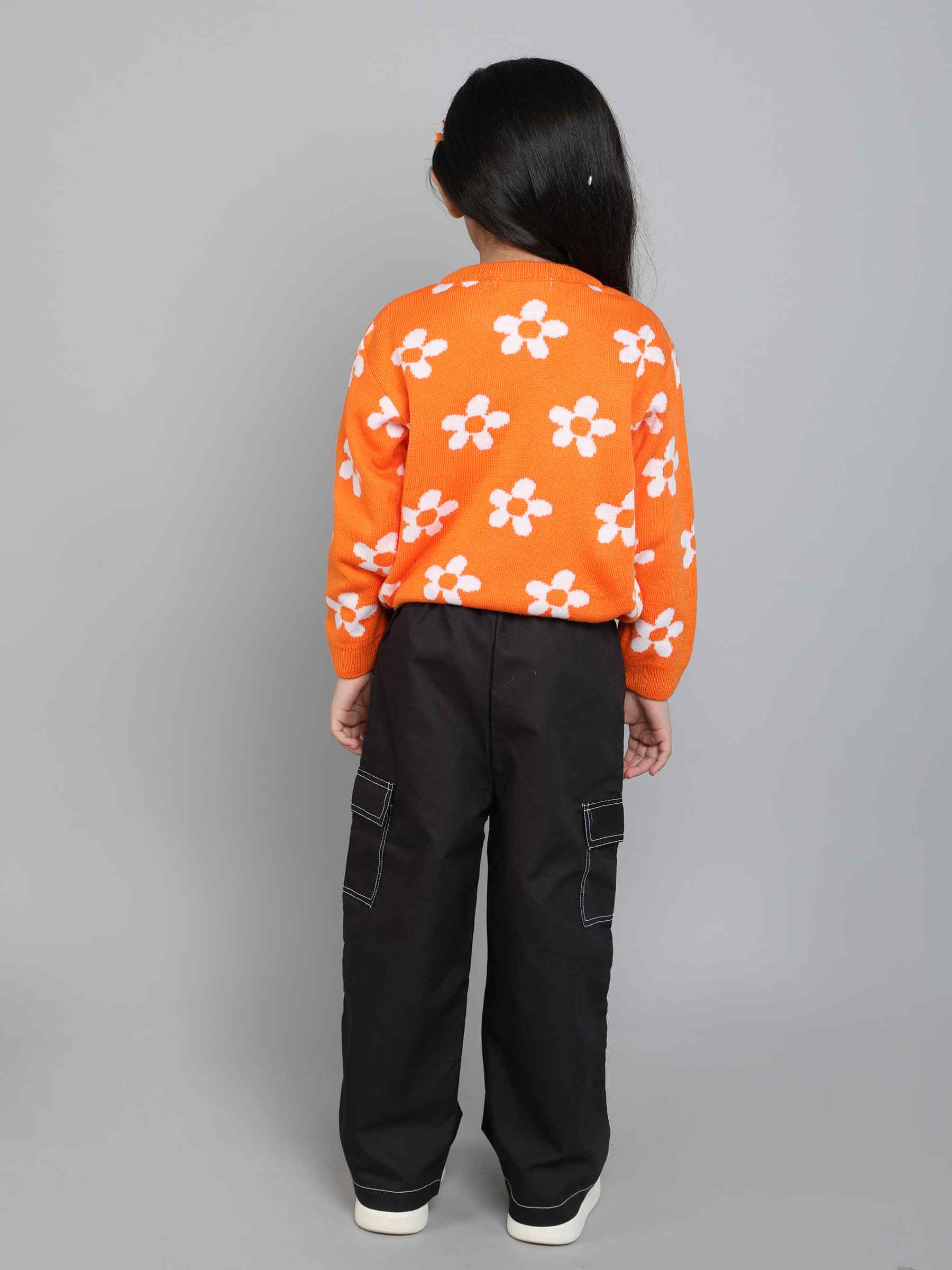 floral-knit full sleeves pullover sweater-Orange