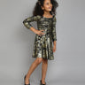 girlss Glitter Black Gold Abstract Printed Rushed Knit Dress