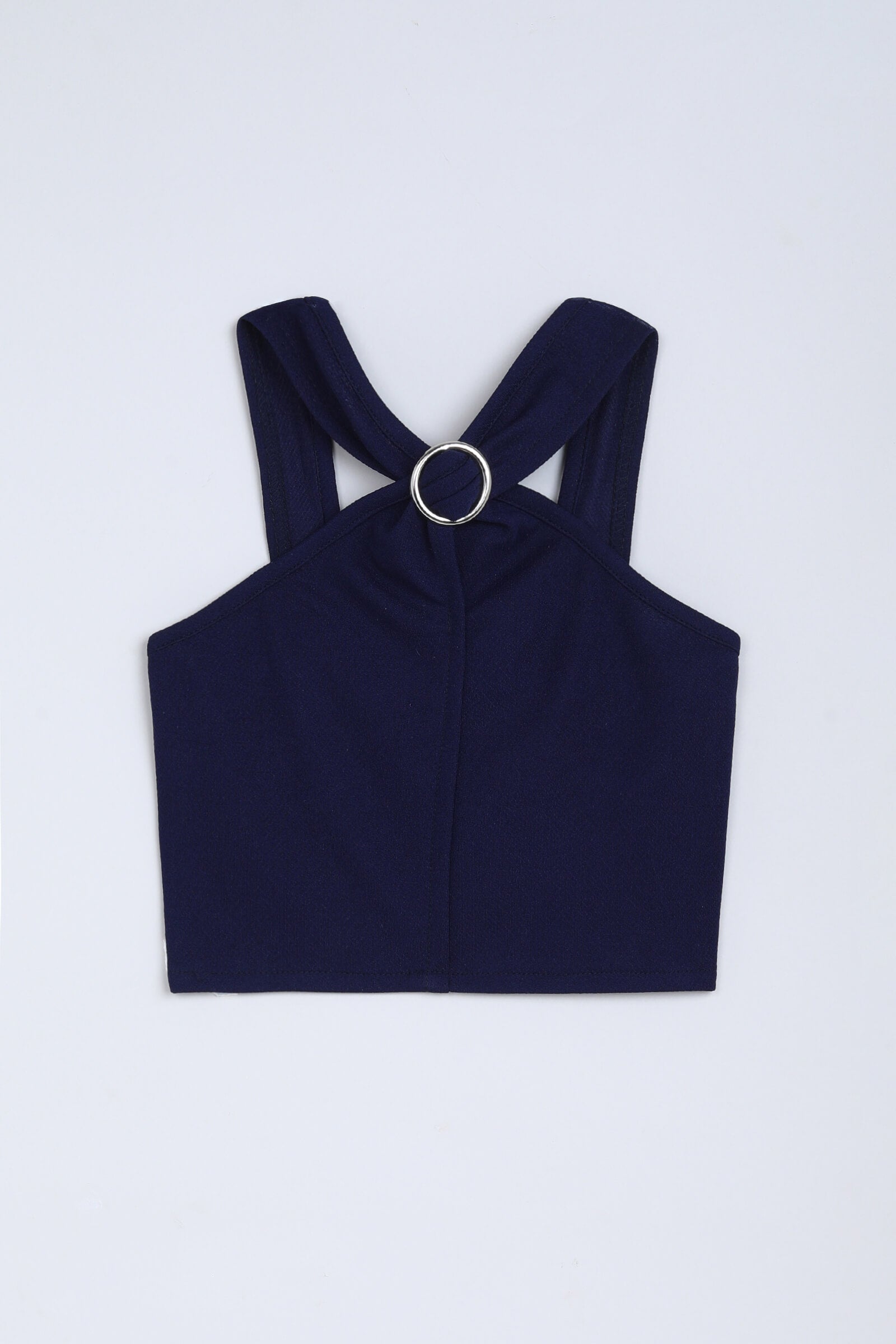 knit sleeveless buckle detail halter neck crop top-Navy