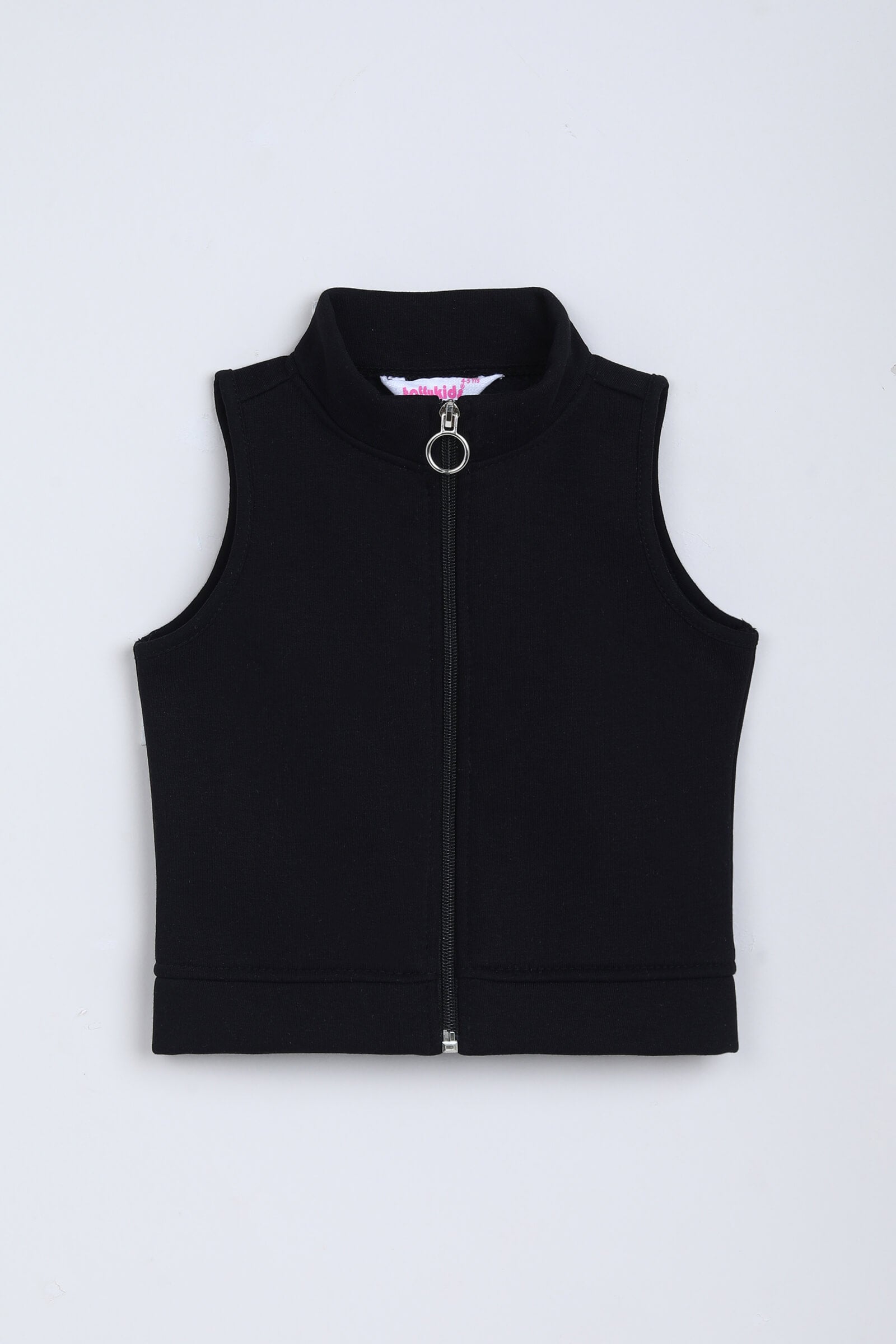 knit sleeveless high neck zip up crop top- Black