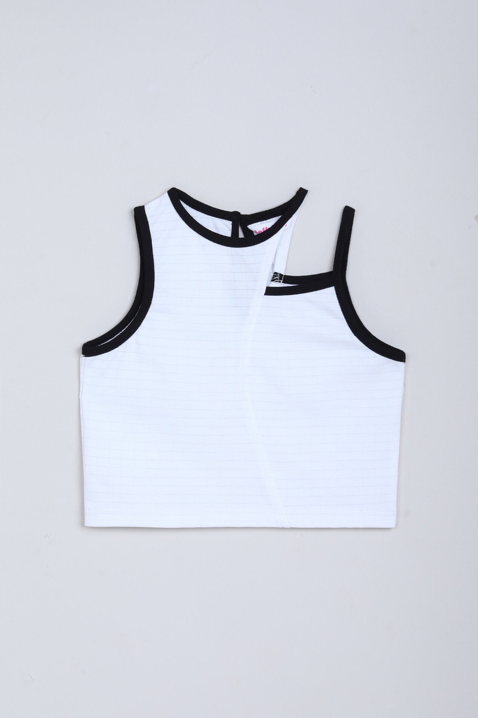 knit Sleeveless contract piping detail asymmetrical neck crop top-White & Black