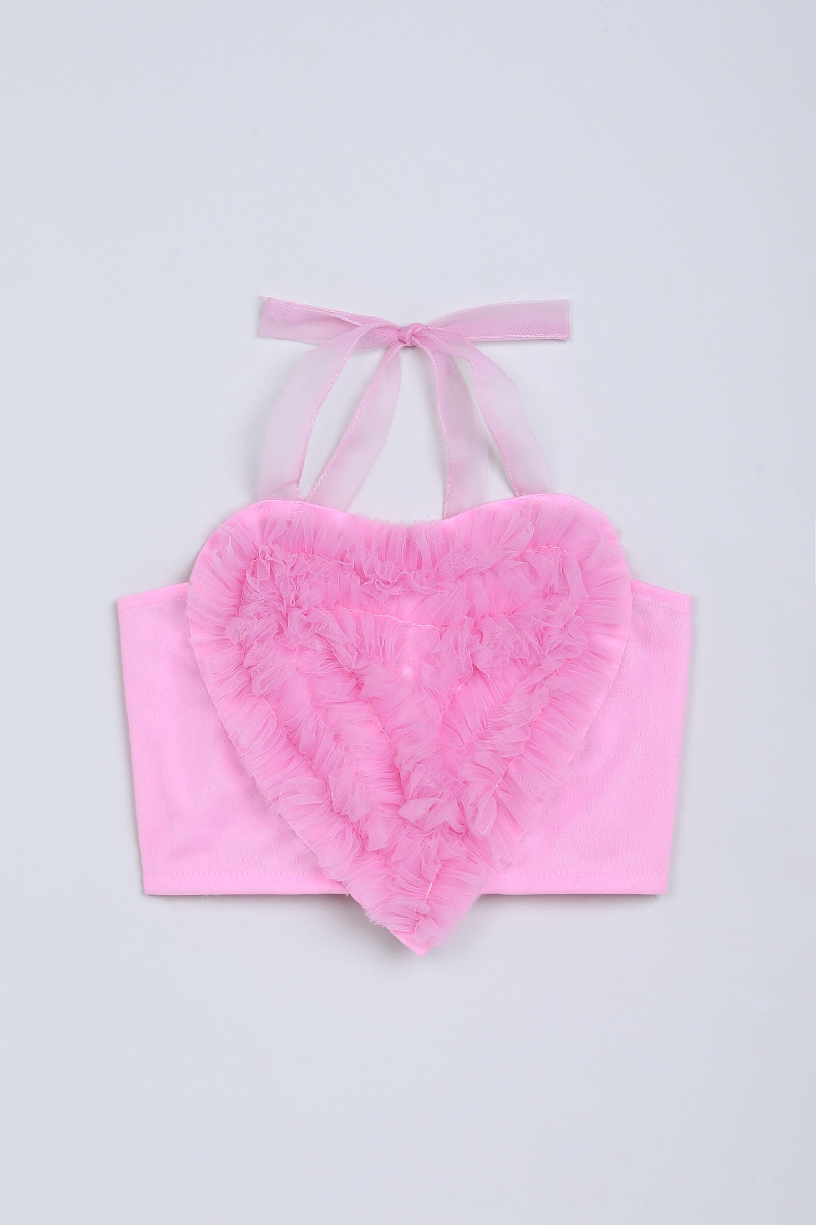 net knit sleeveless heart ruffle applique party crop top-Pink