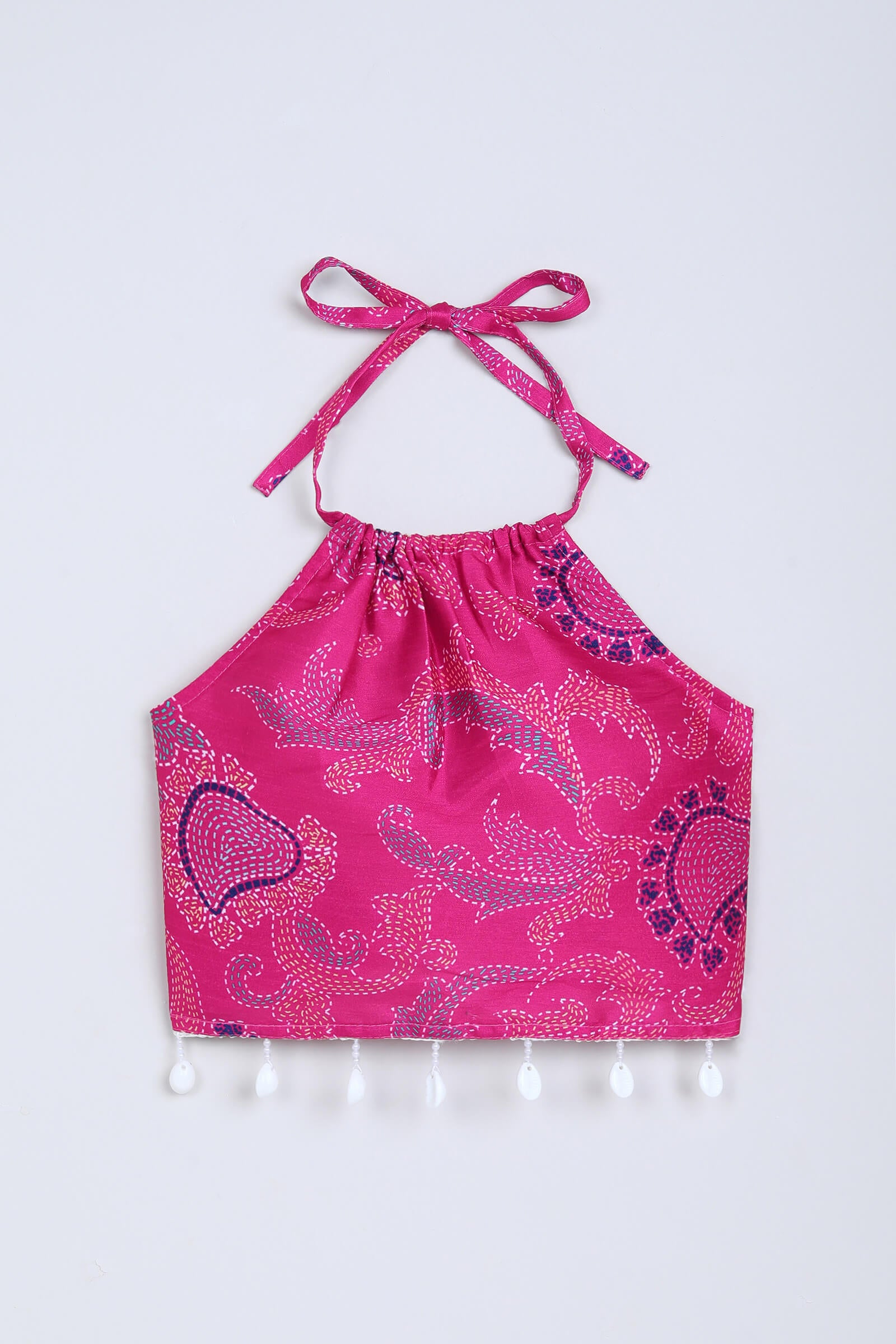 Woven sleeveless Katha stitch printed halter neck crop top- Hot Pink