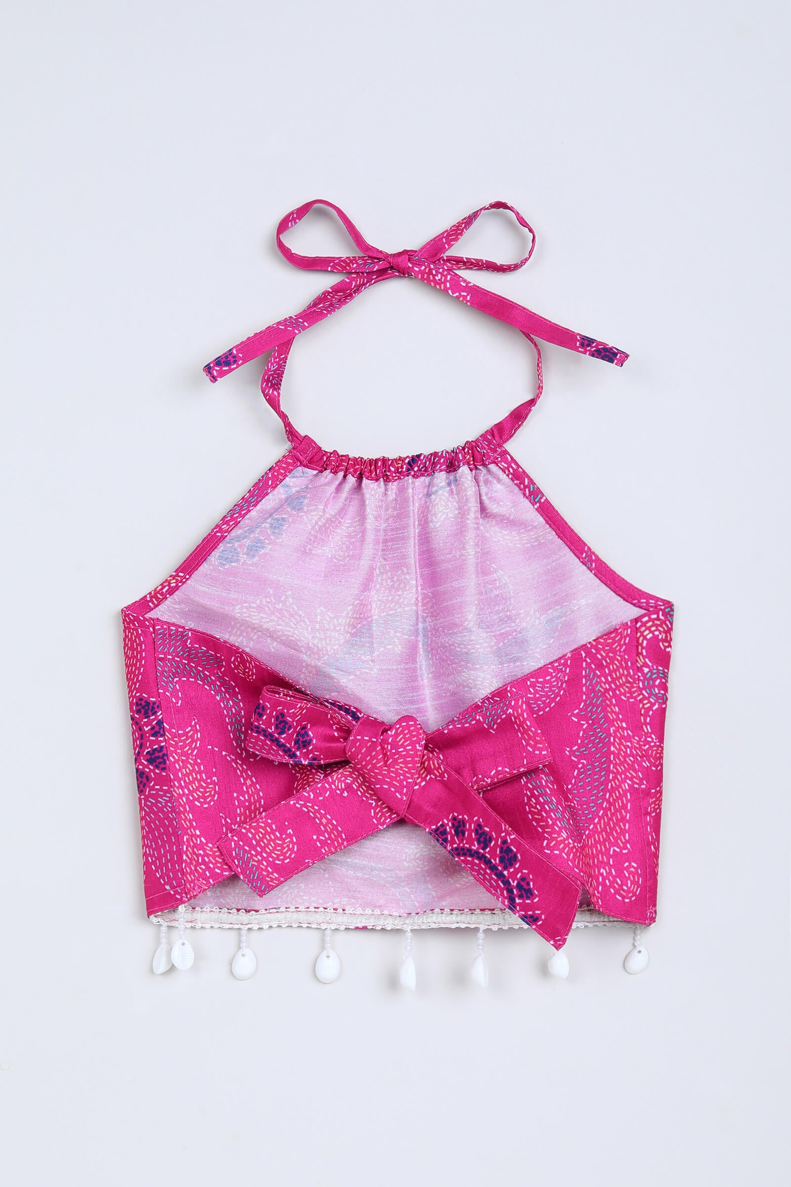 Woven sleeveless Katha stitch printed halter neck crop top- Hot Pink