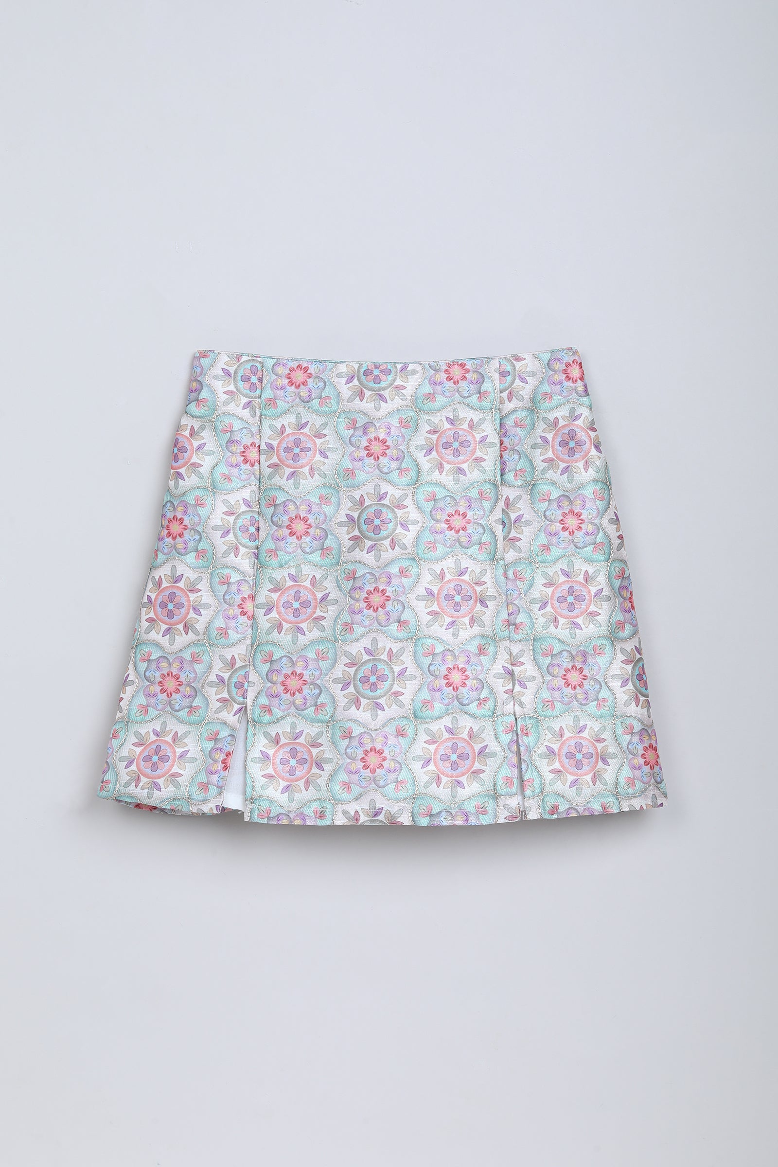 woven sleeveless floral printed and embroidered button up crop top and matching skirt set-Multi