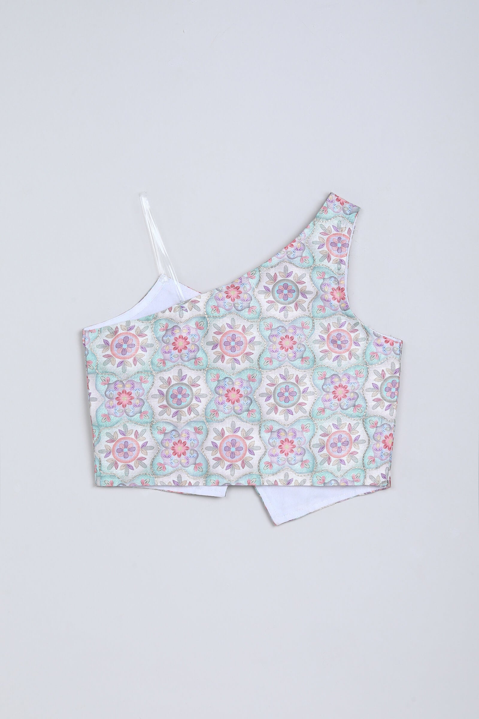 woven sleeveless floral printed and embroidered button up crop top and matching skirt set-Multi