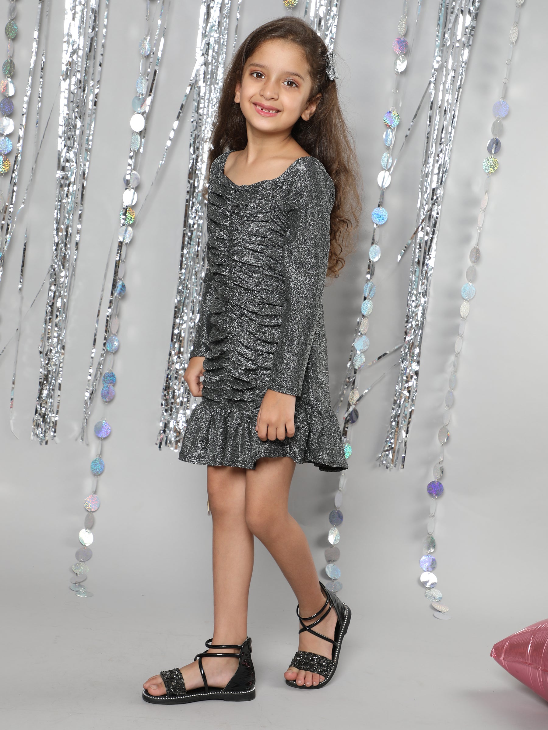 Taffykids full sleeves front rushed glittered party dress-Black