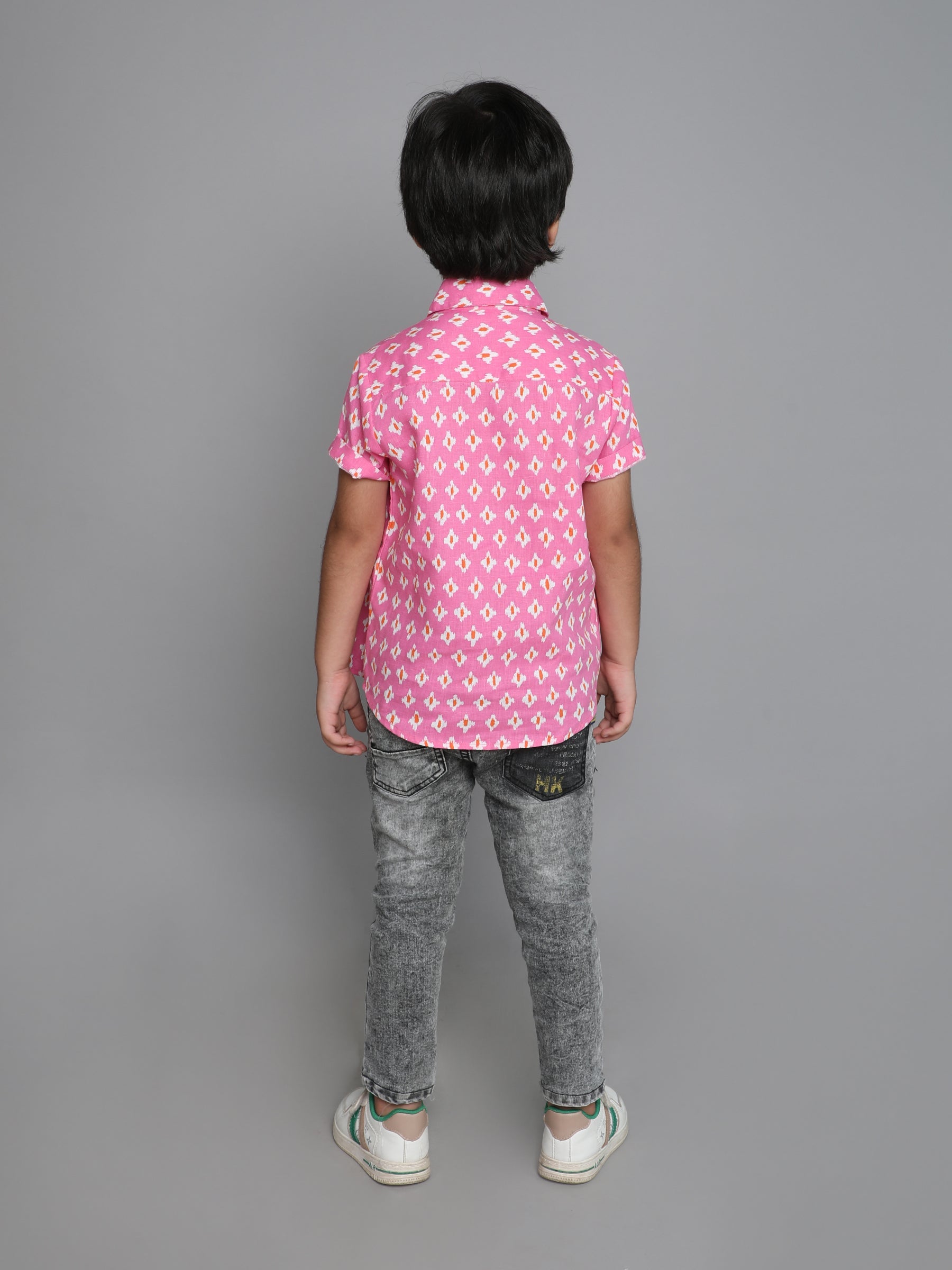 ikkat printed half sleeves shirt with attached tee-Pink/White